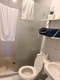 Tiny bathroom, don’t lean on the sink or the top will come off. Grout in the shower is really nasty. Shelves felt like they were going to come off the wall