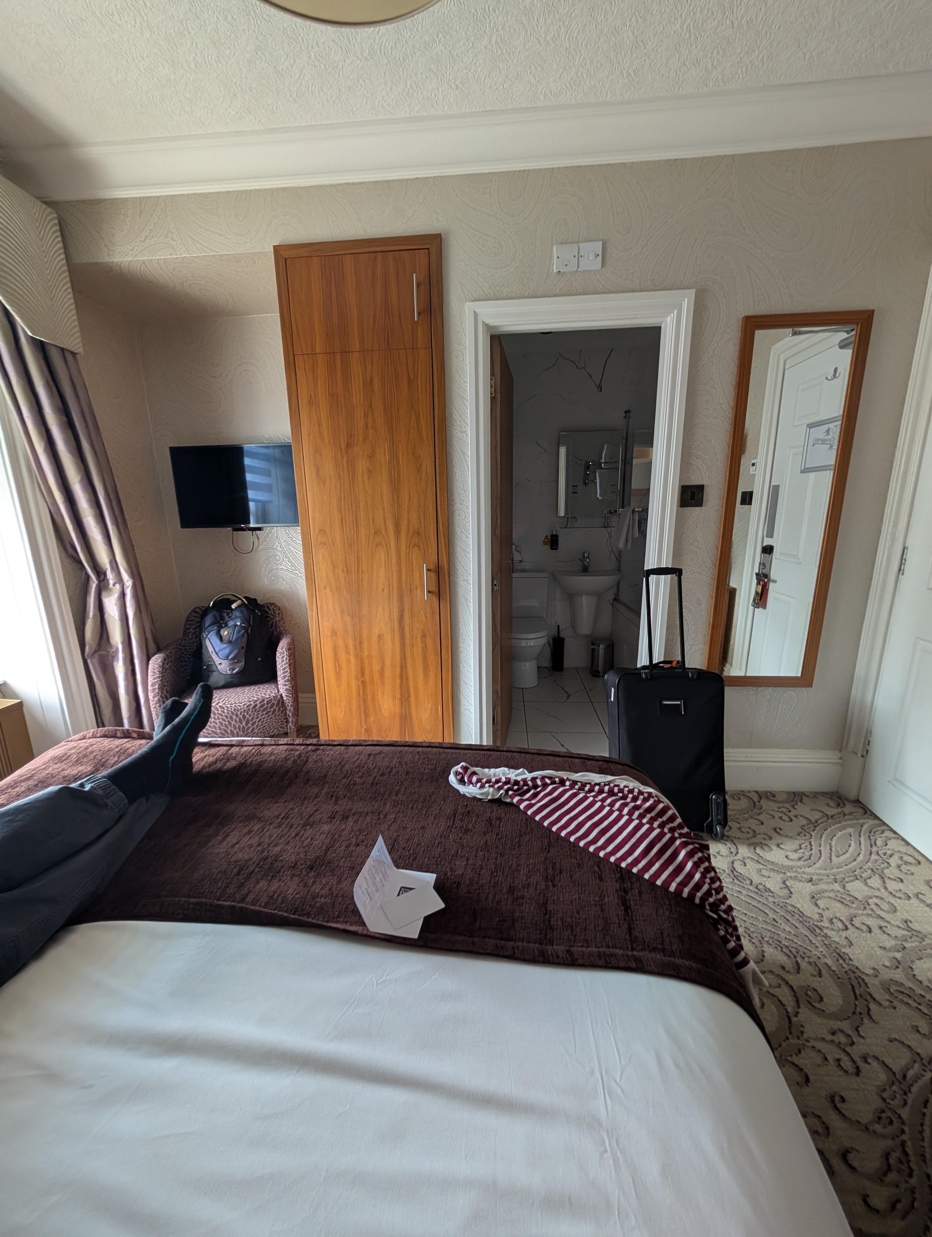 From the head of the bed, you can see the size of the room. Close but comfortable =) 
