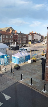 View into Market Square from window - preparations for 200th anniversary of First Railway.