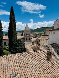 The beautiful view from our bedroom window .