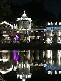 Lakeside mineral bath houses at night