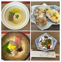 Photos of their Appetizers, Grilled Oysters, and Sashimi dishes.