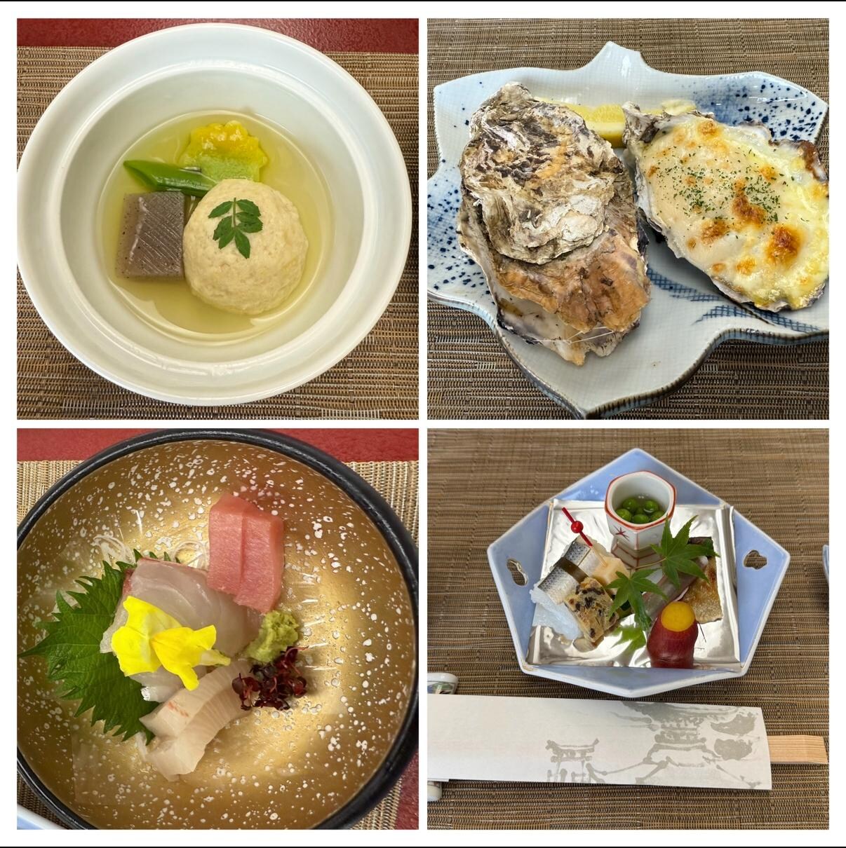 Photos of their Appetizers, Grilled Oysters, and Sashimi dishes.
