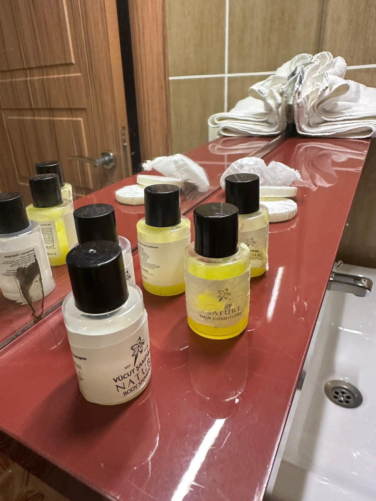 Complimentary bottles not replaced, still from previous guests. When we asked to get replacement, they wanted to give us another room over simply replacing it to begin with.