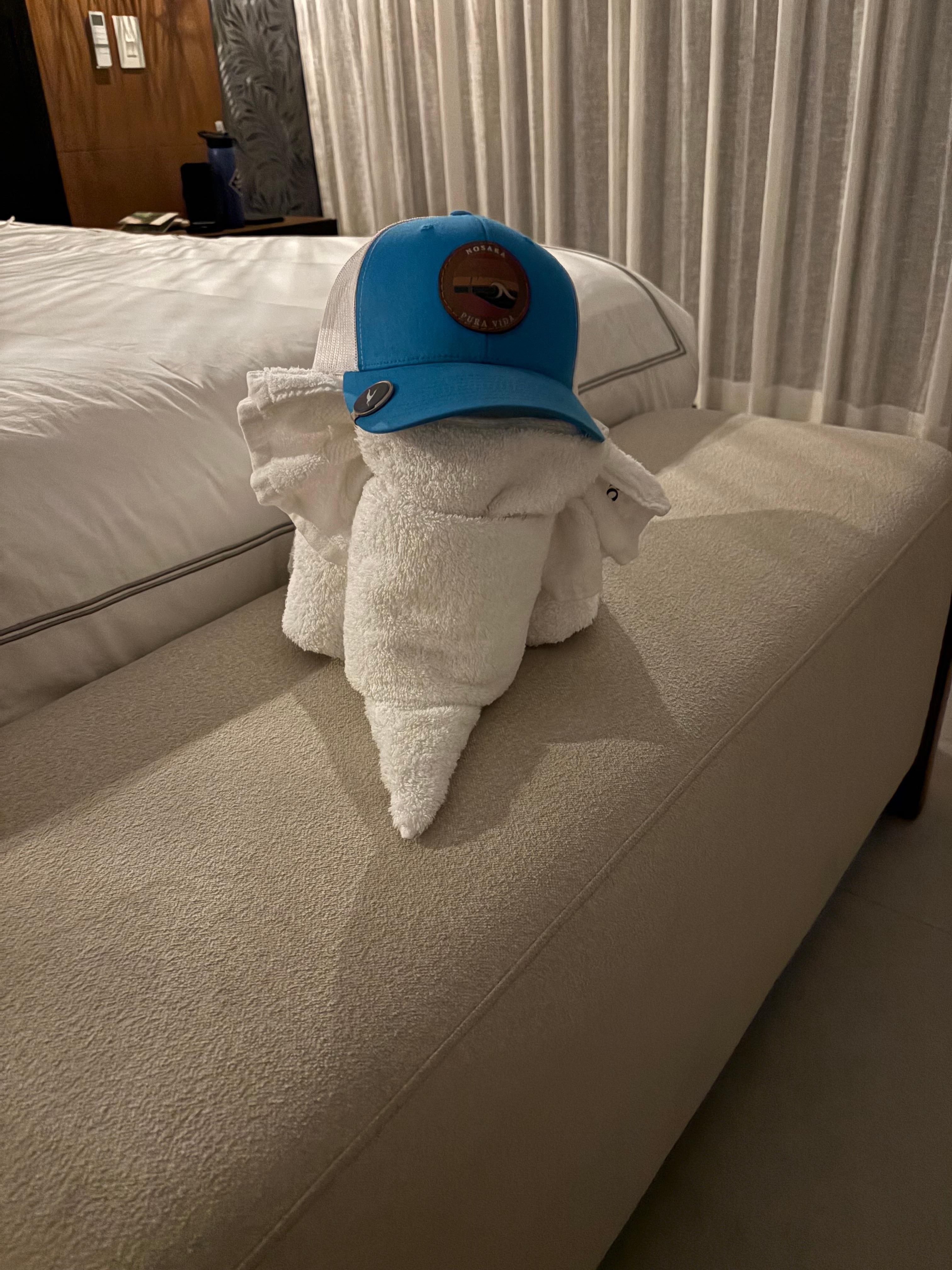 Cute towel decoration (hat added by us)