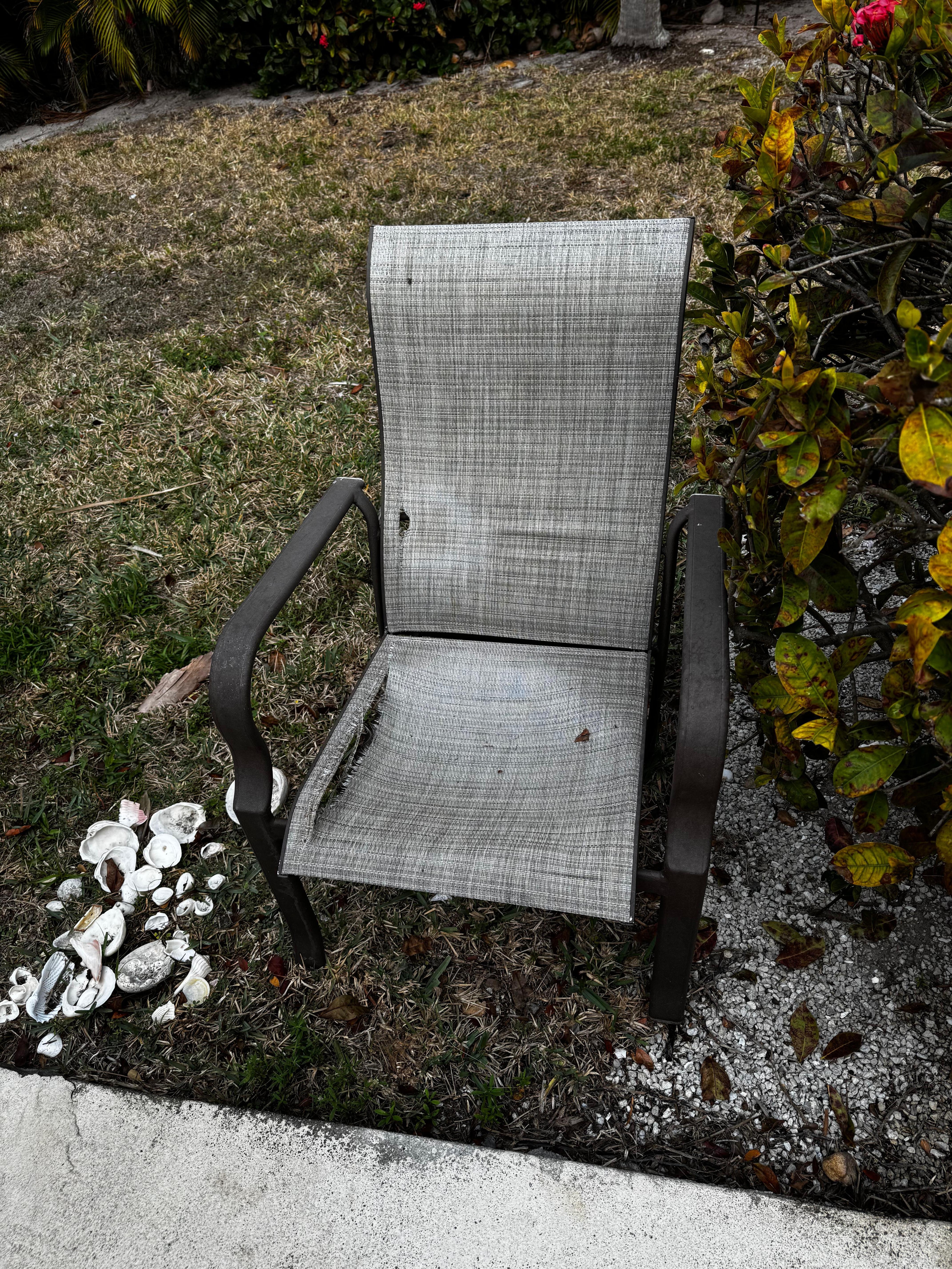 Several cracked and ripped chairs outside