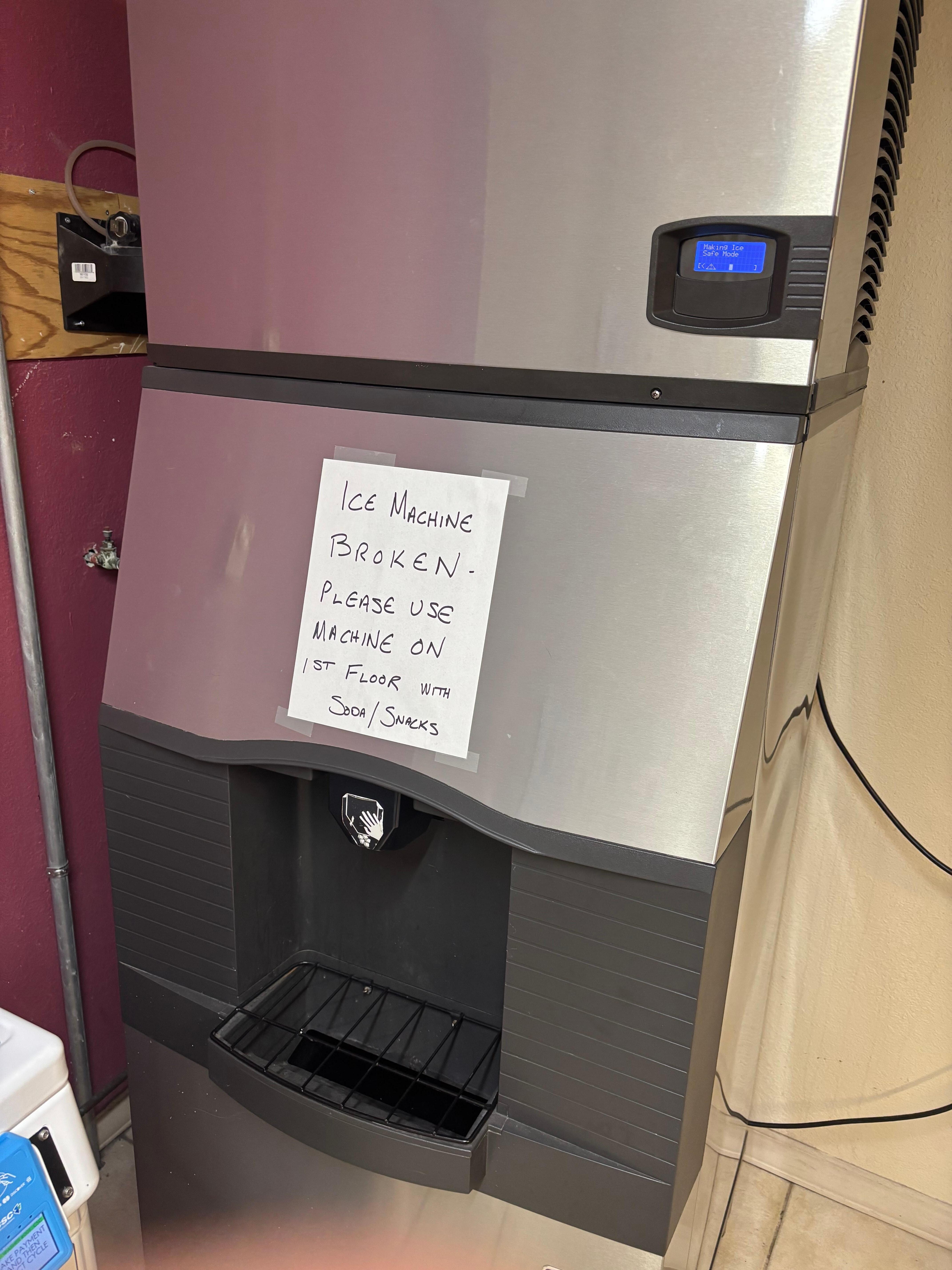 Broken ice machine. The ice machine on the first floor had black mold on the floor. 