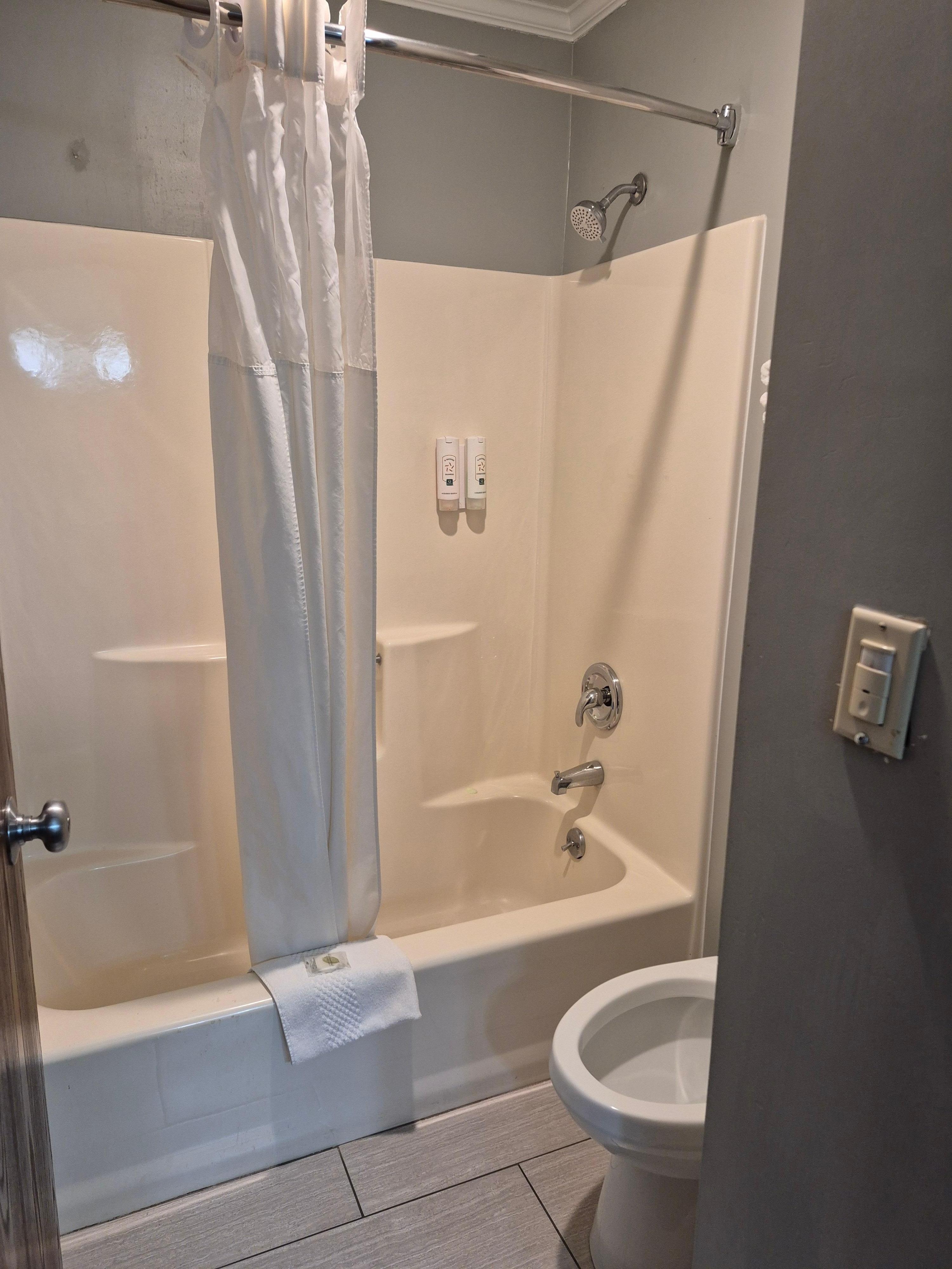 Shampoo and Conditioner mounted, but no body wash. It's at the sink outside the bathroom