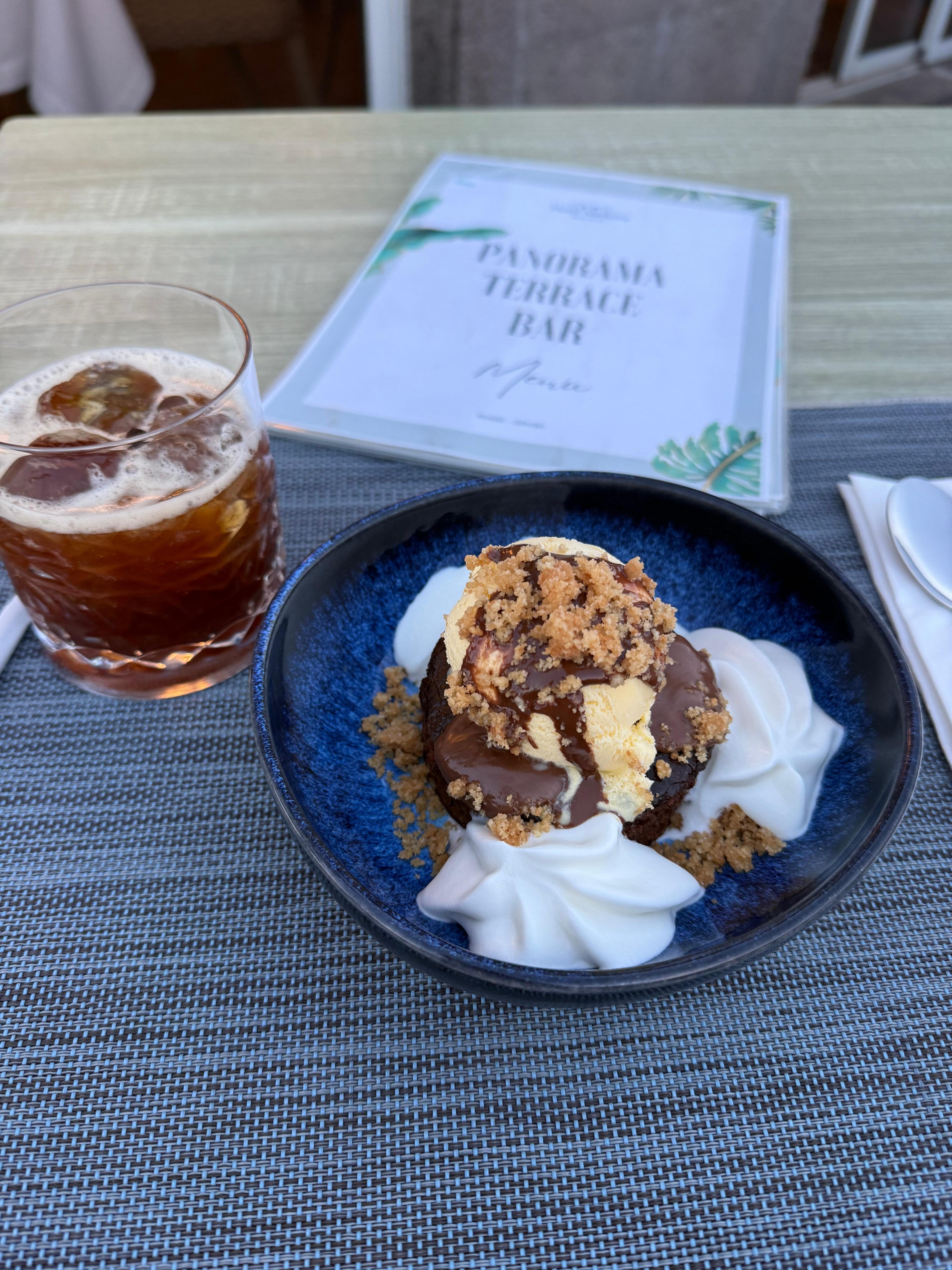 Drinks and dessert at rooftop bar