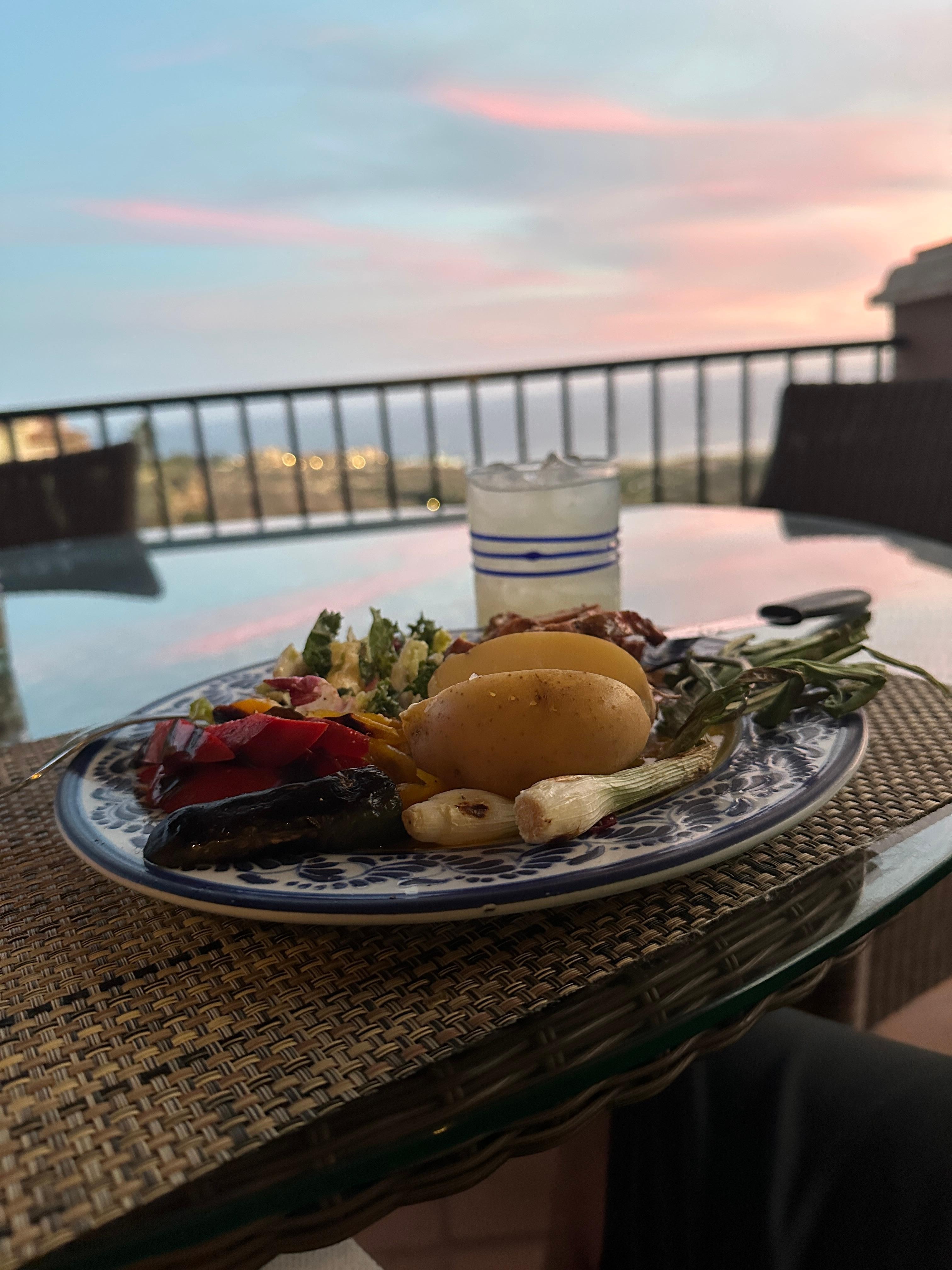 Enjoying dinner from our deck during sunet