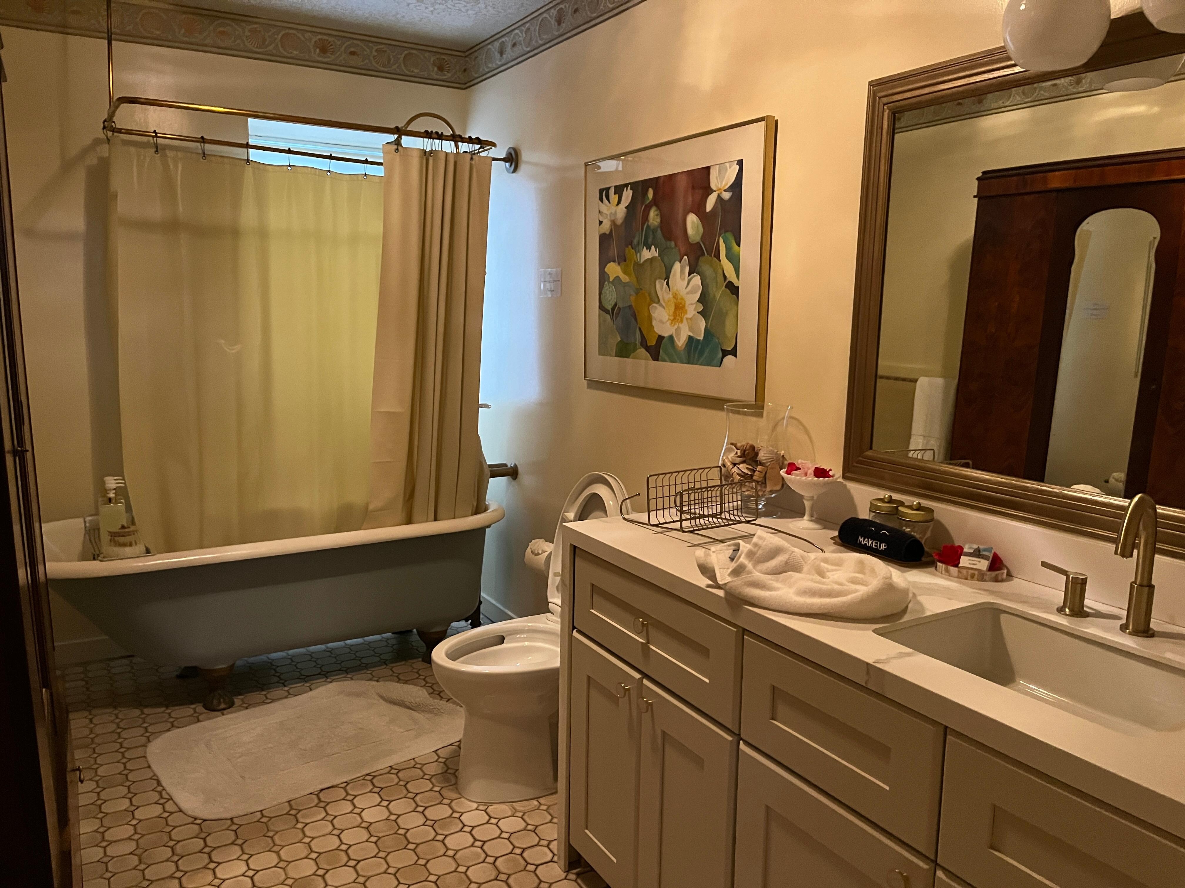  Bathroom with claw bath tub shower curtain and nothing help a slippery wet person out of tub