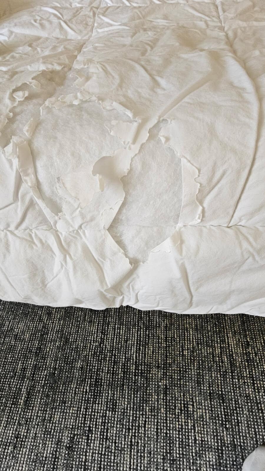torn comforter with exposed stuffing