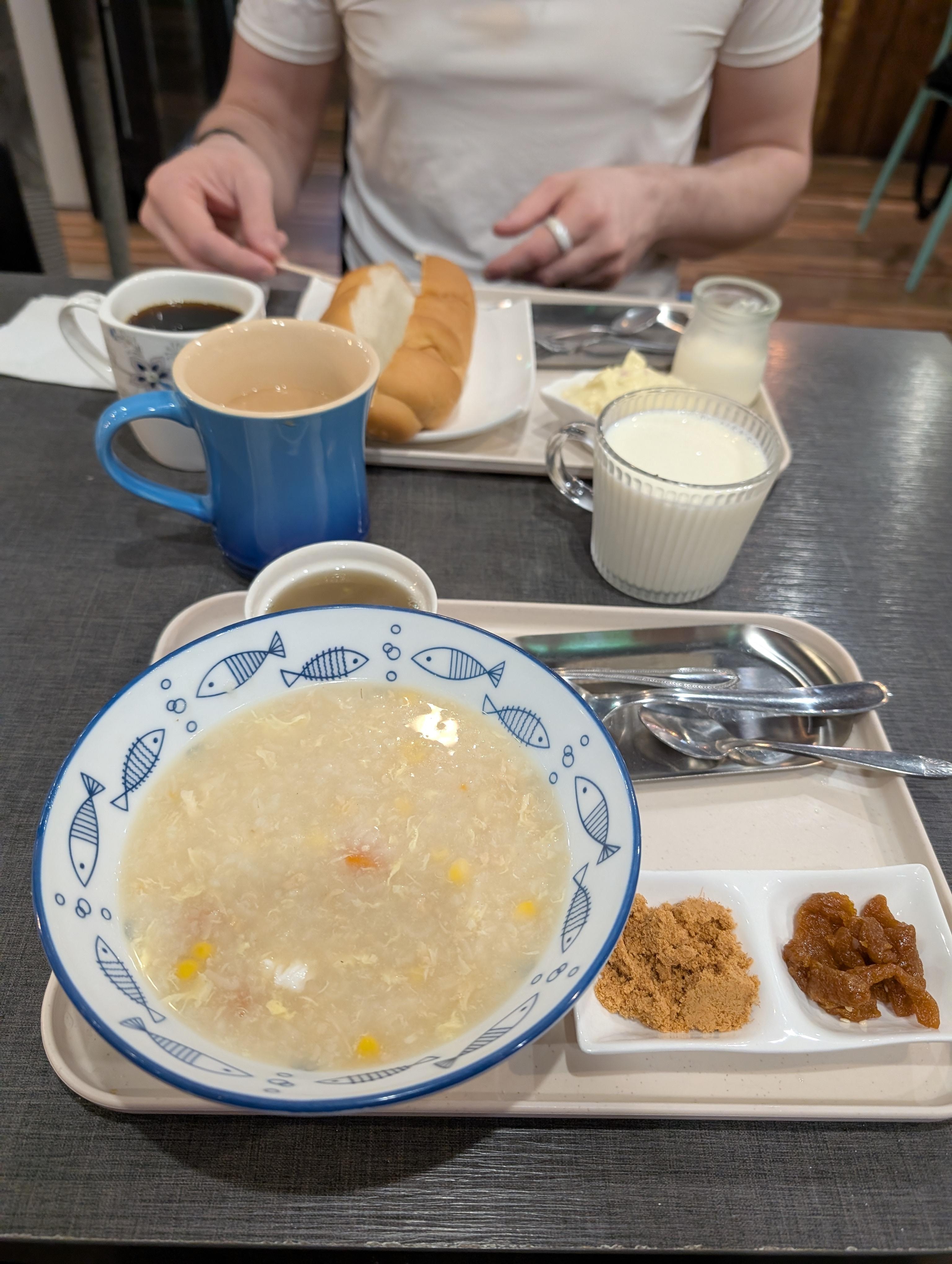 Congee and egg salad breakfast options.