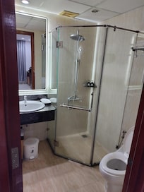 トイレ&シャワー。
トイレは紙を流さないスタイル。
そばのゴミ箱に捨てる。
外付けのシャワーがあるので、それで洗う。
シャワールームはガラスで仕切られていて、周りに水が飛び散らなくていい。ただし、下のすき間から少し周りにこぼれる。