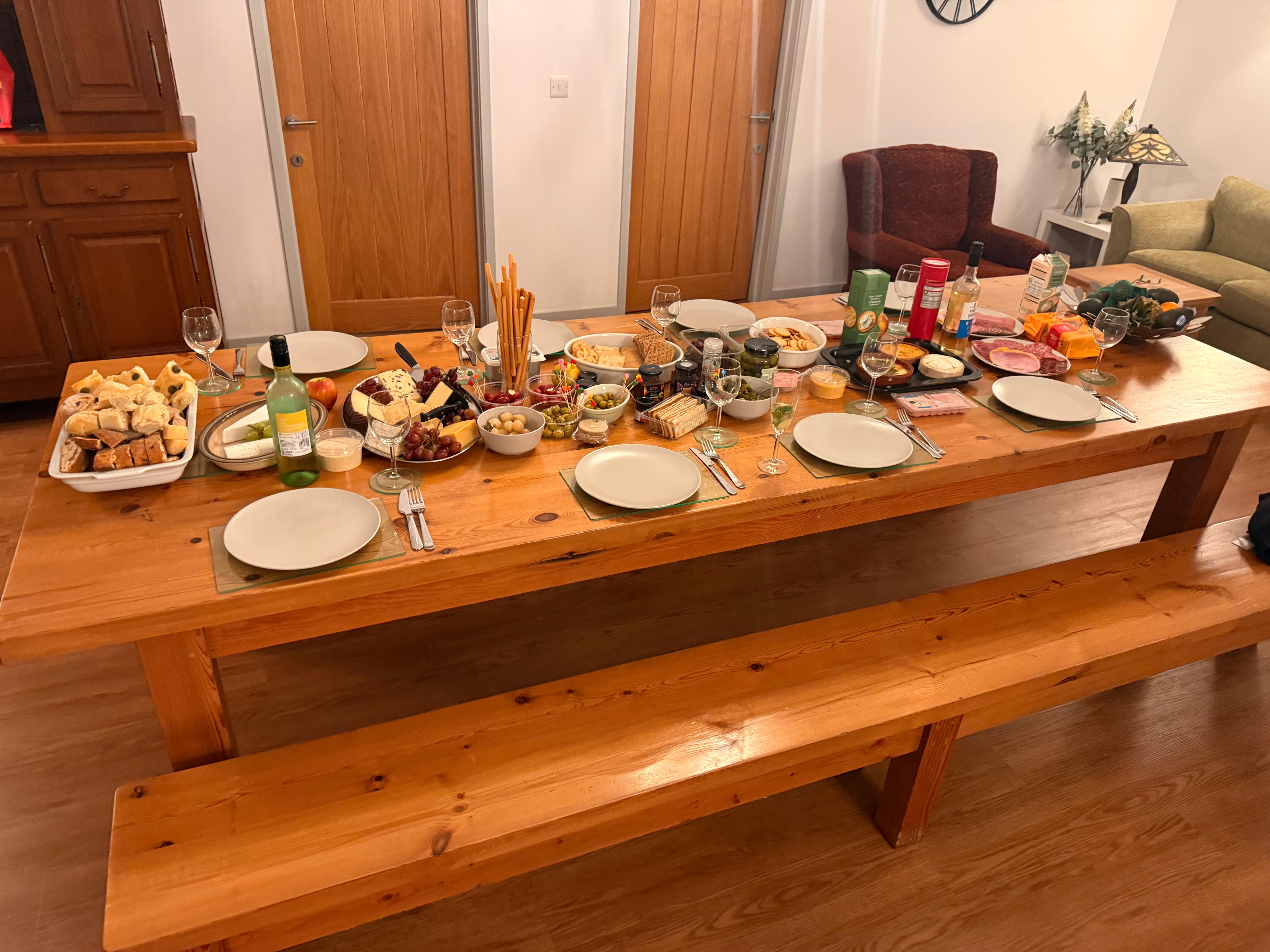 Cheese and wine on the enormous table! 