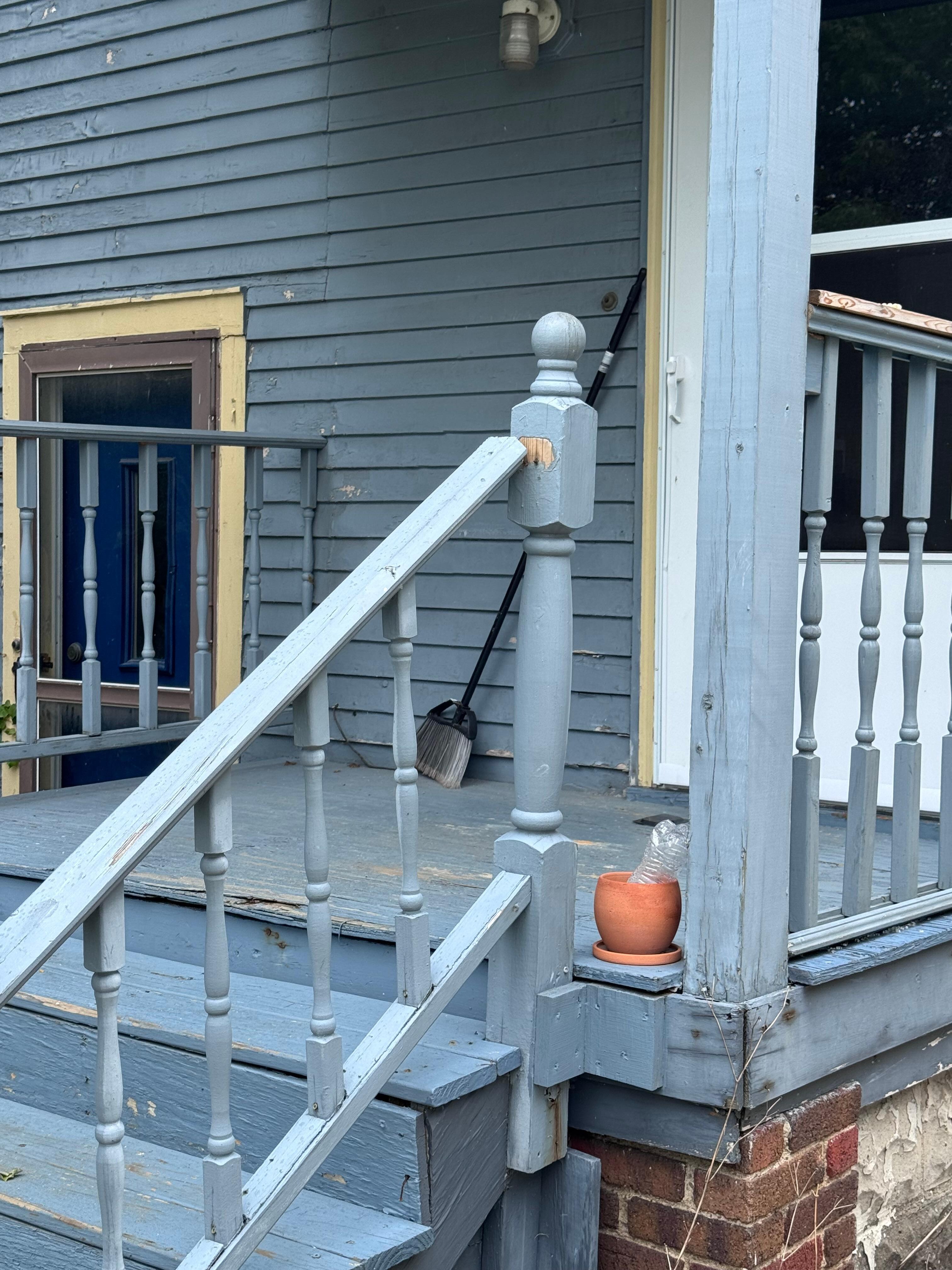 Back porch rail not connected. Danger!
