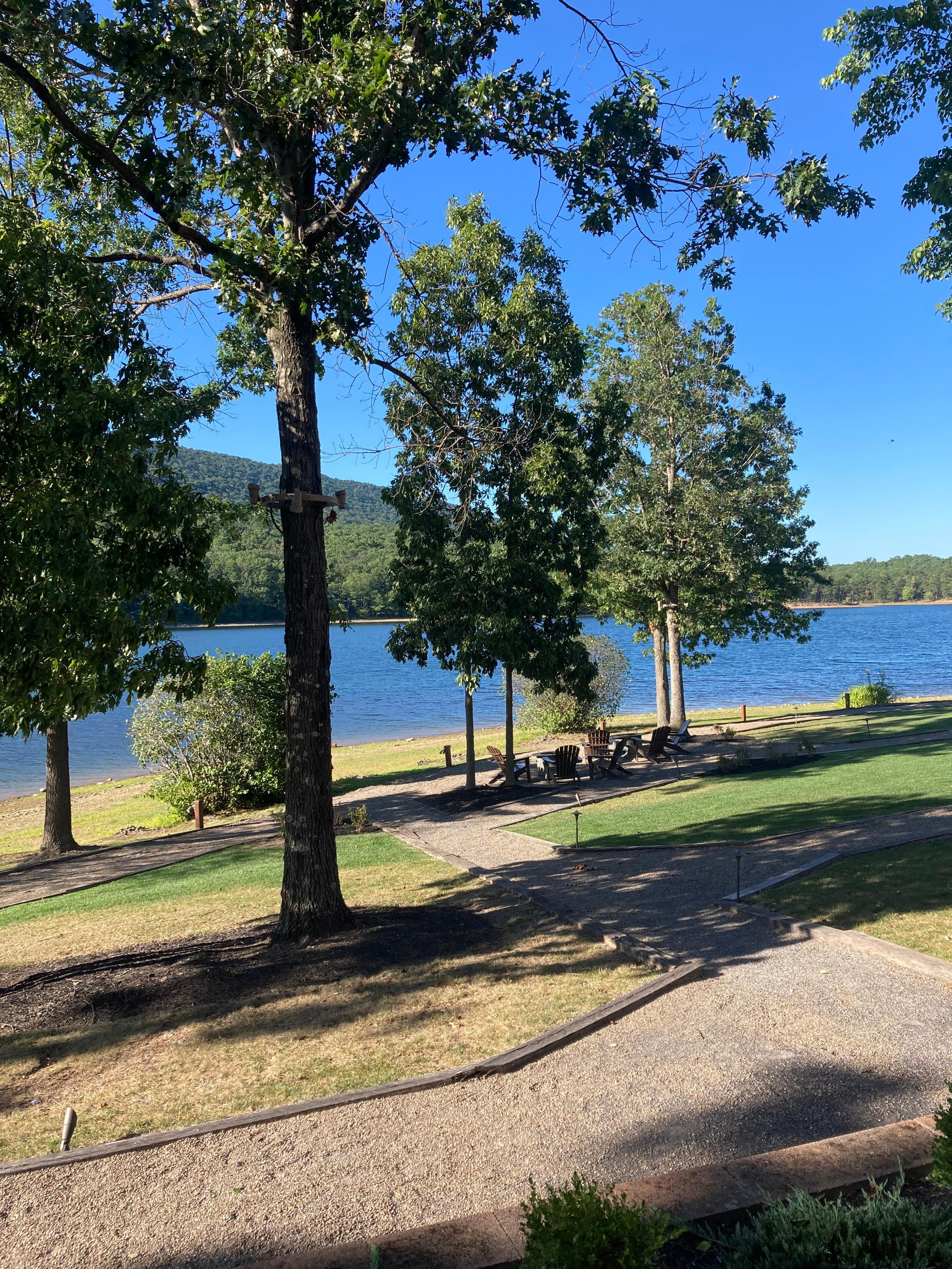 A view of the lake and walkways.
