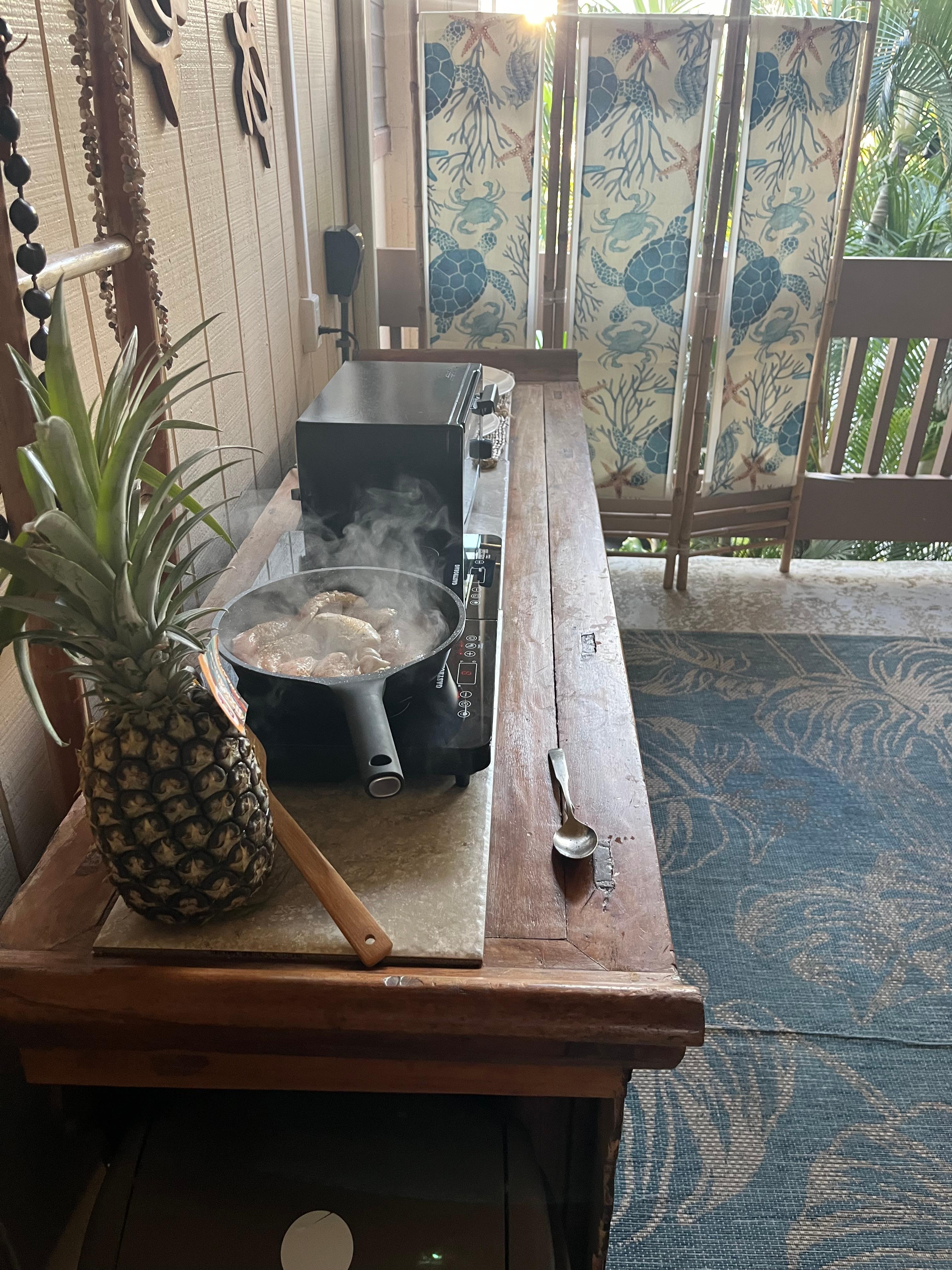 Kitchen set up on covered lanai 