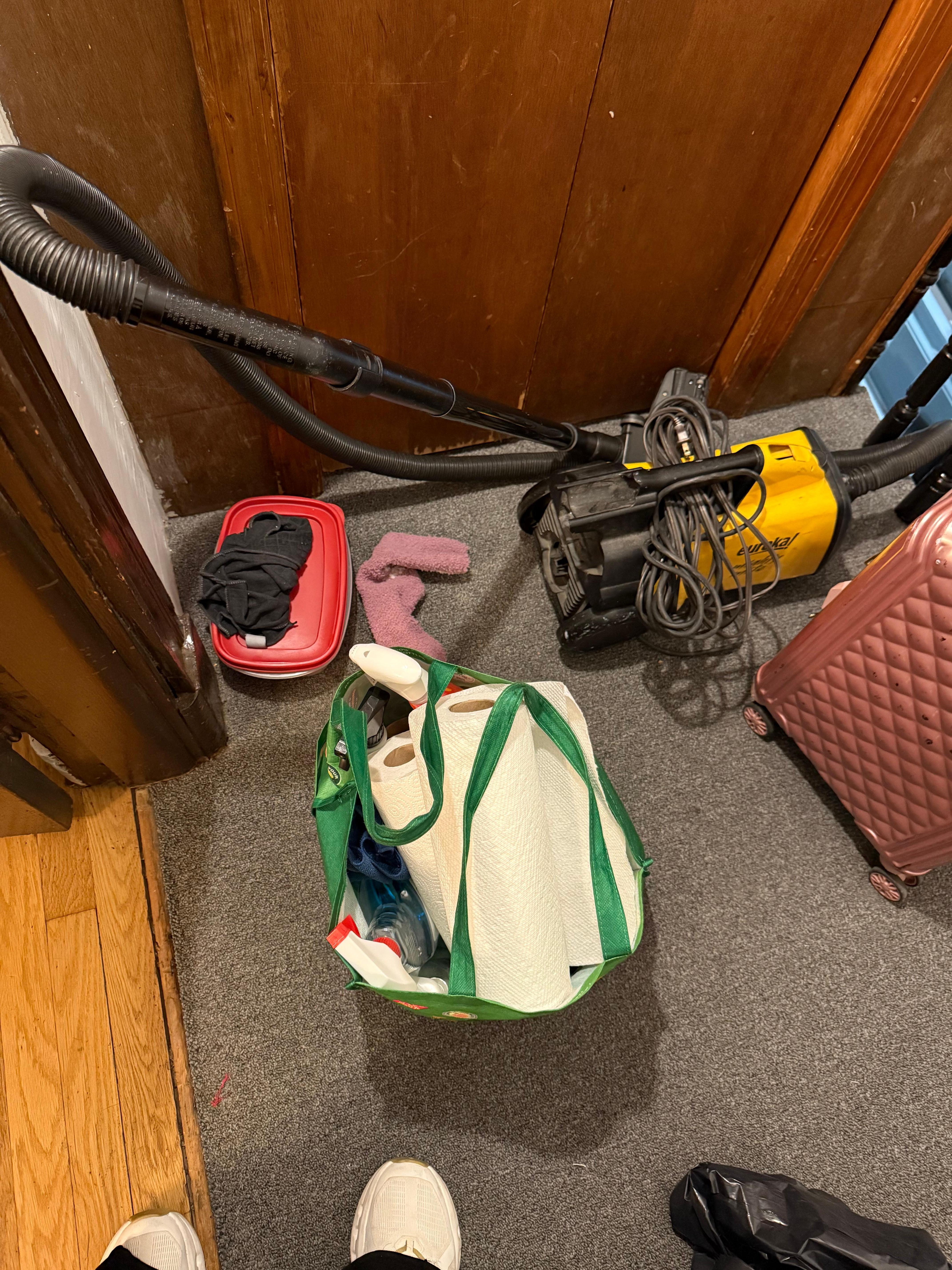 Cleaning supplies left outside the door