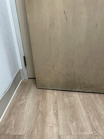 water damage and mold on bottom of bathroom door and door jam