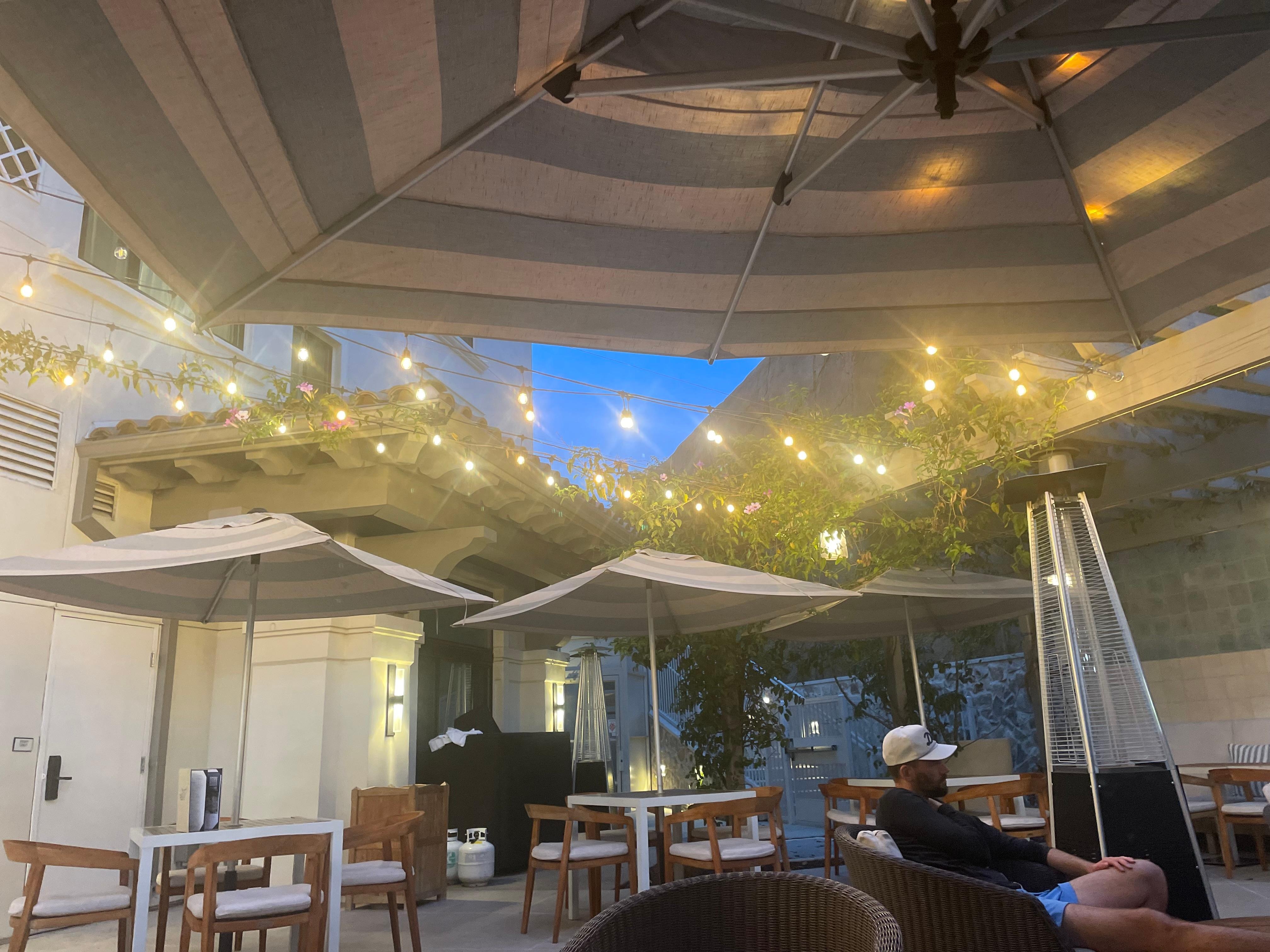 Outdoor seating area in evening