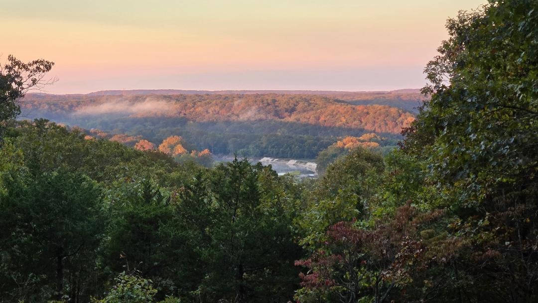 Leaves have not changed yet.  This is the sunrise shining upon the tree tops.