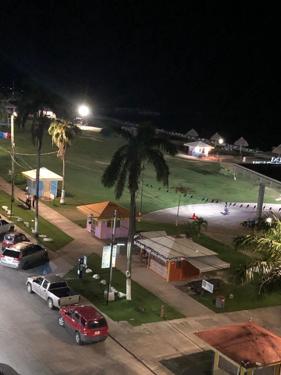 View from our room of the park at night.