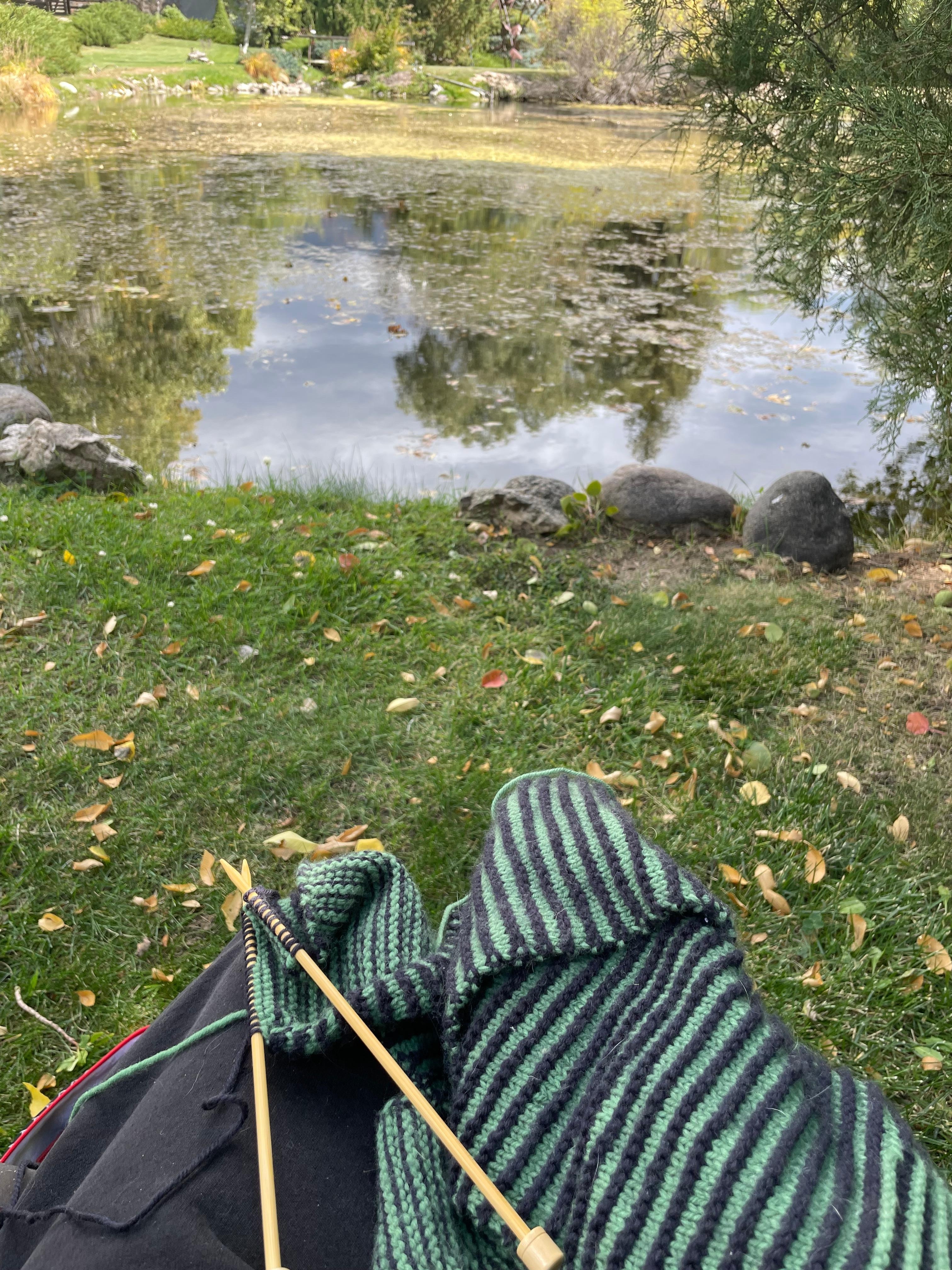 Knitting by pond on property. 