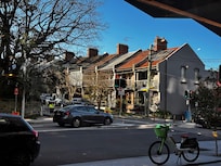 A view from the lobby café: —an old soul in brick and lace, the Victorian townhouse meets morning light
