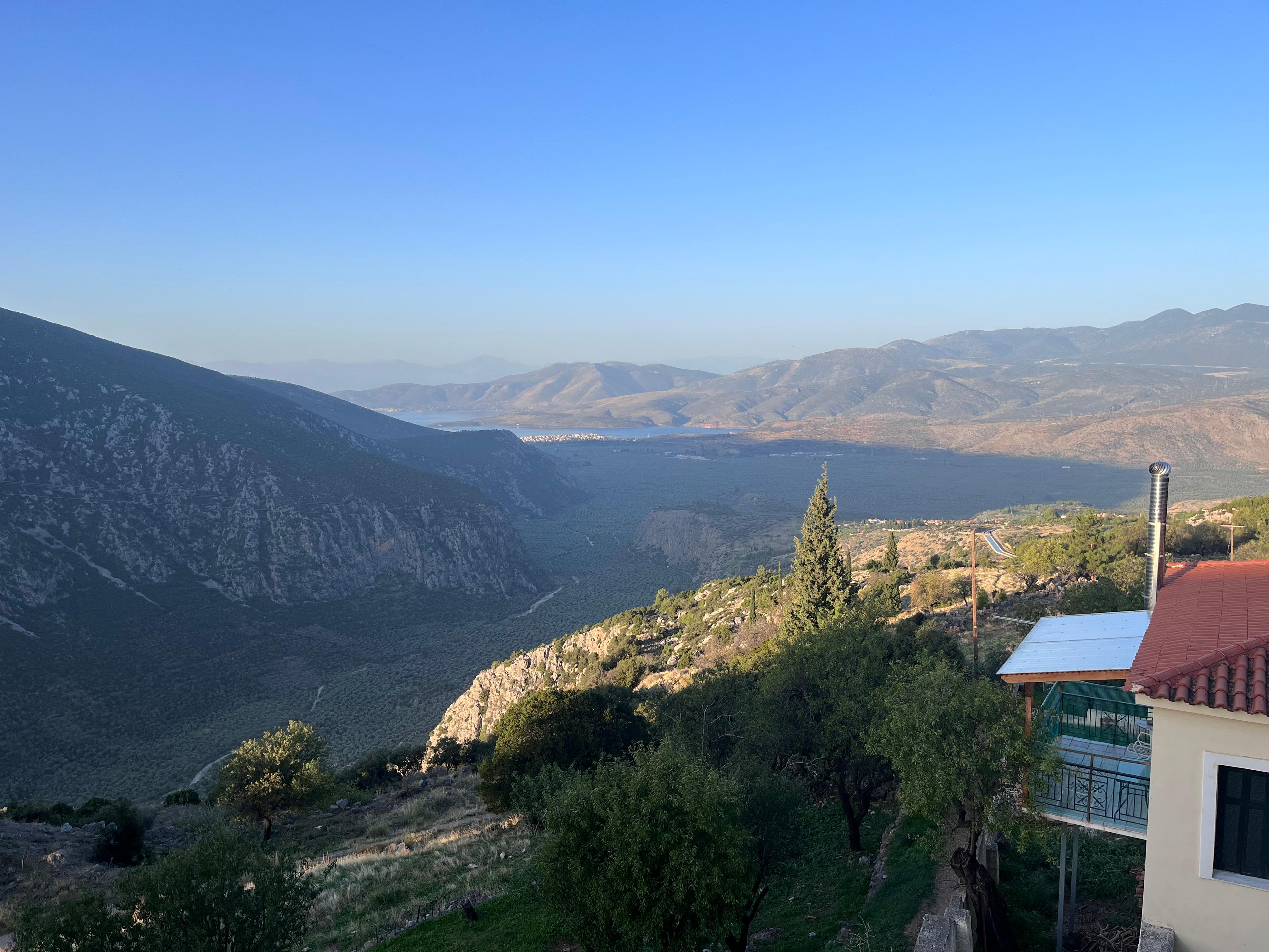 View during the day.  Bay of Corinth in the distance