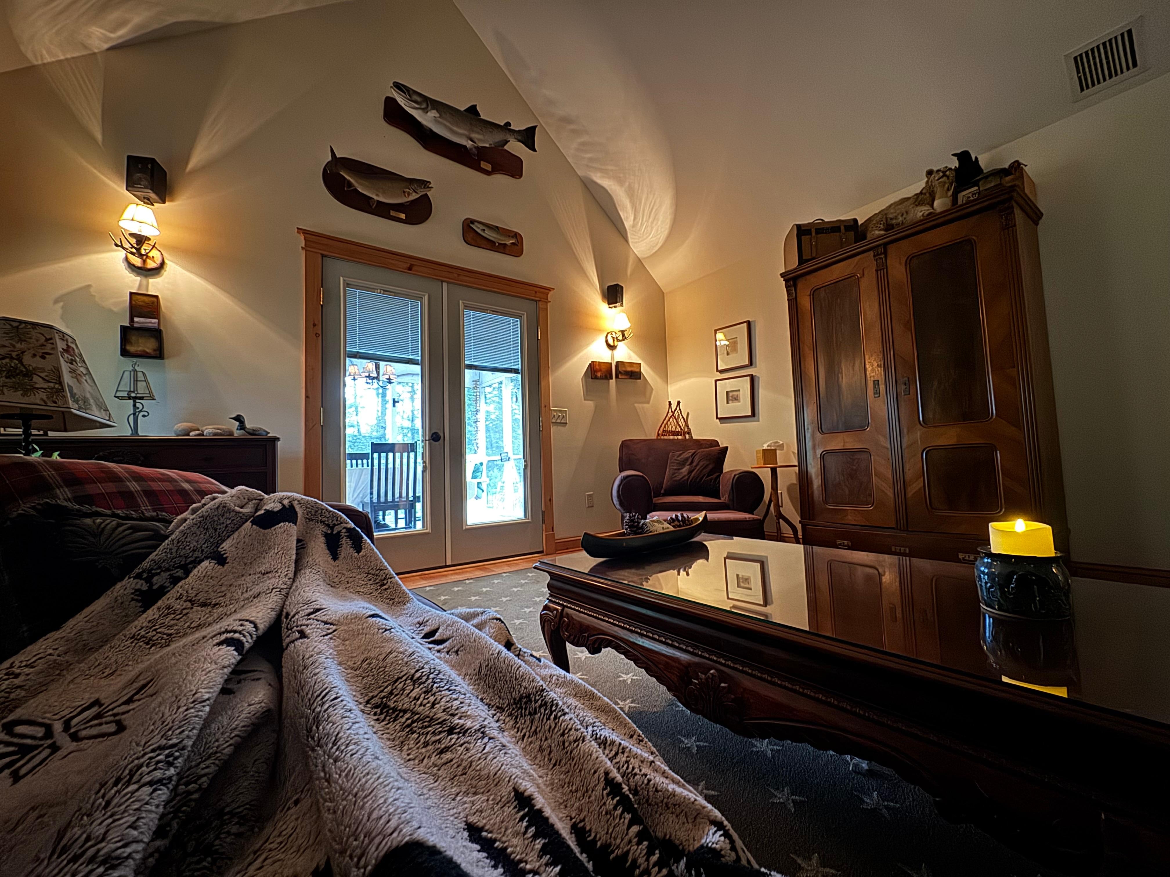 Snuggled up on the couch while hubby fished