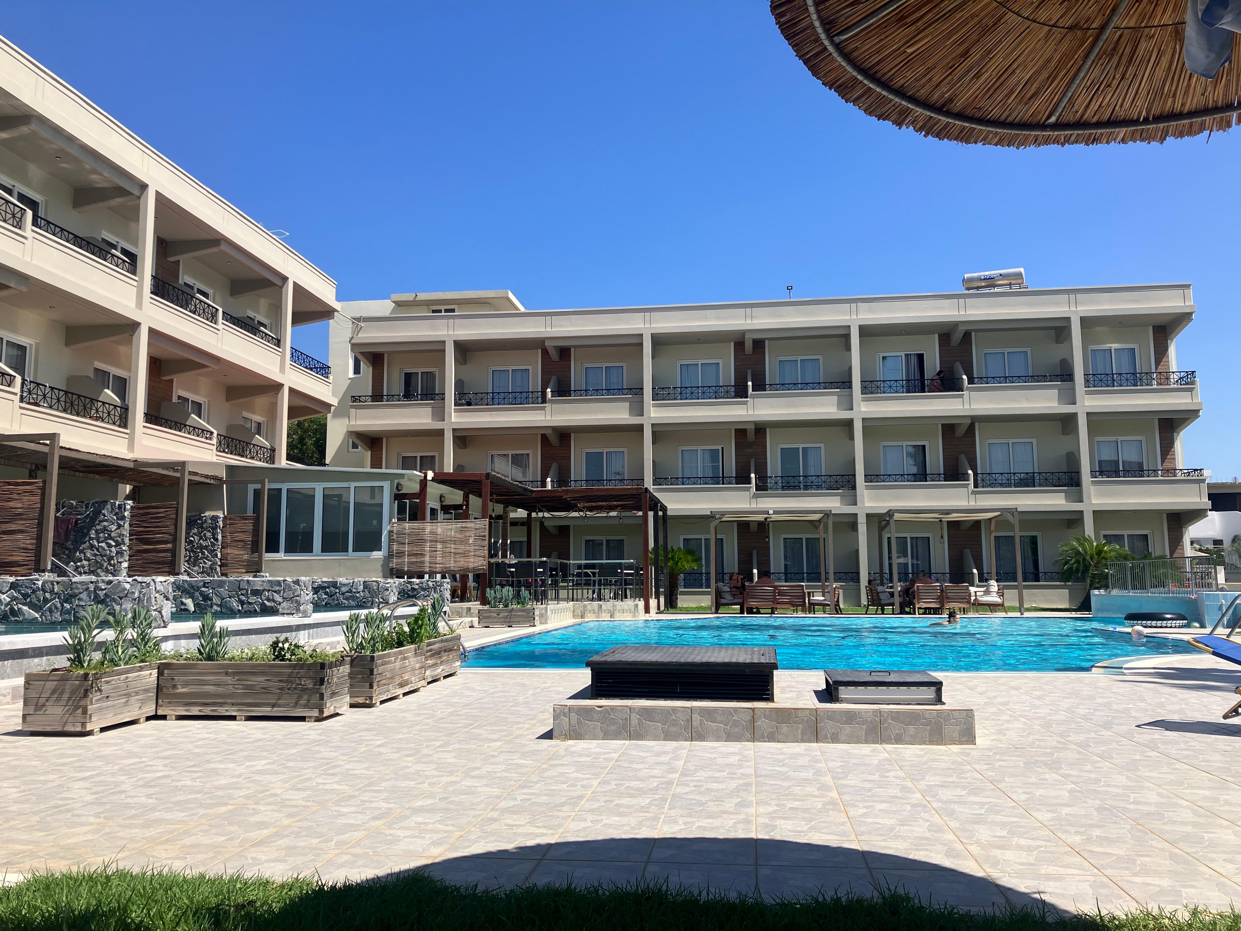 View of the pool from sun beds 