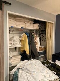 No room in closet for "guest's" clothing,have to push twin bed awary to get to it