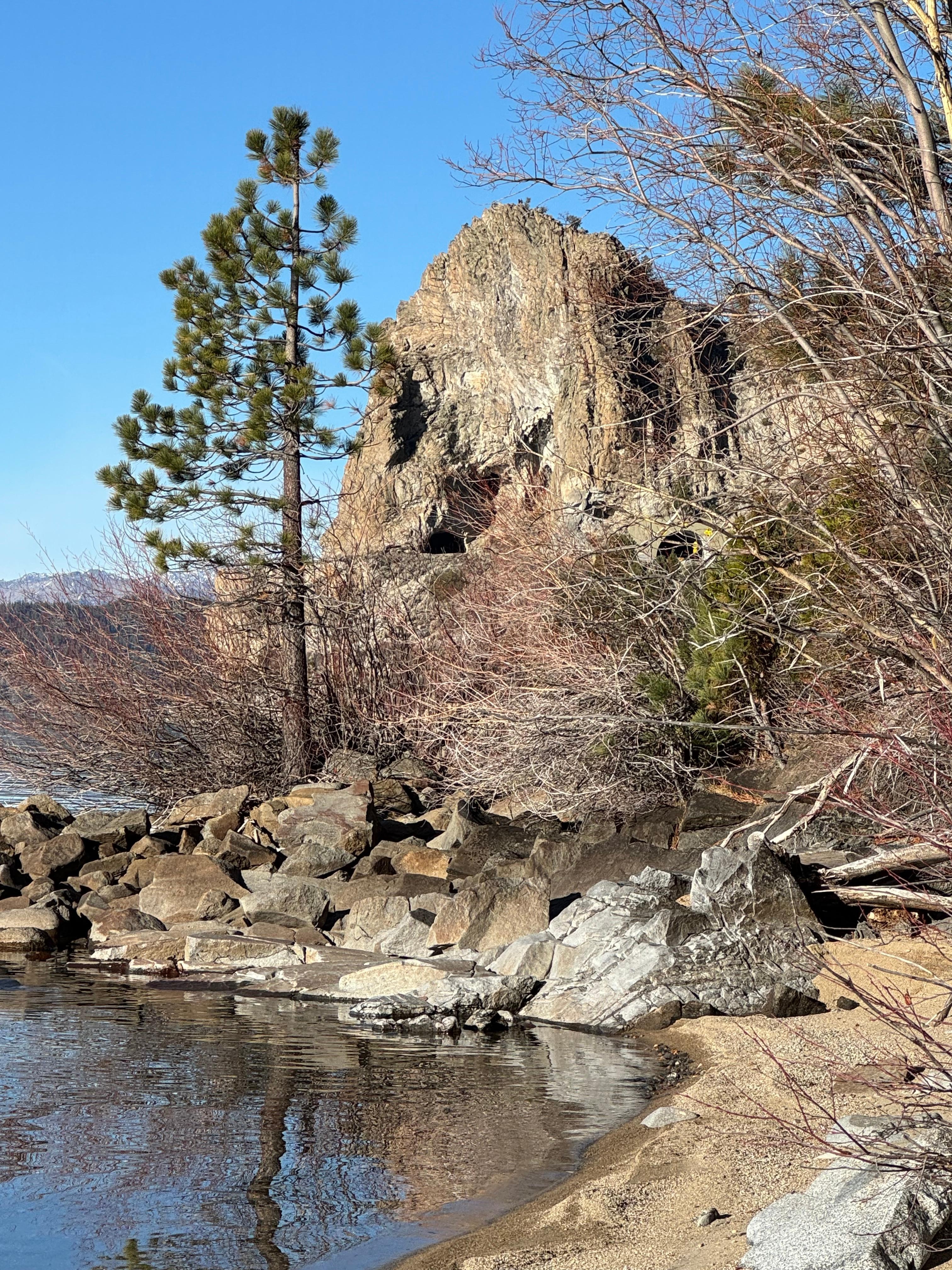 View of cave rock from the beach at the cabin