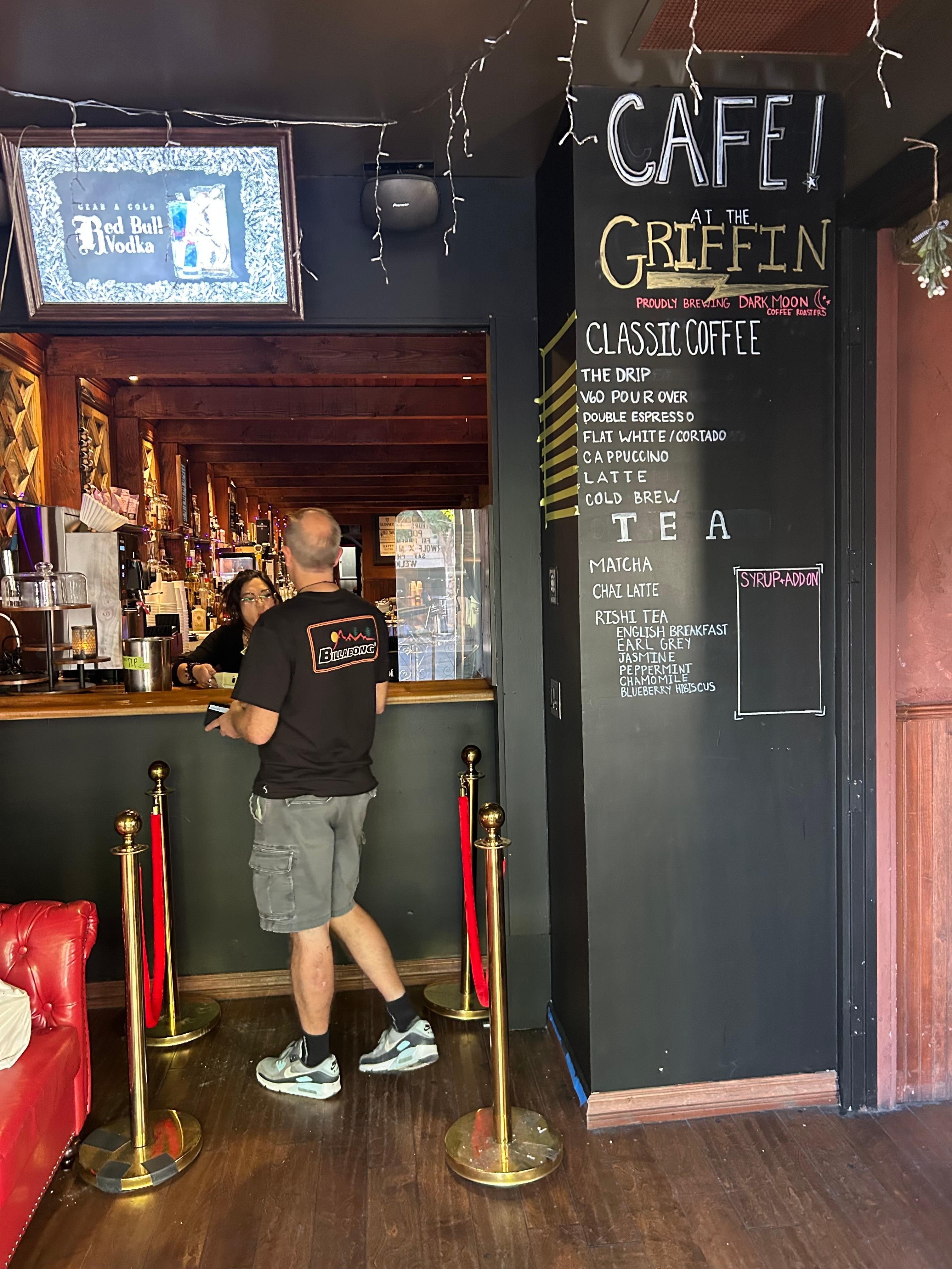 Cafe at the griffin.  AMAZING PLACE.   I was the first coffee they served. They had just opened up. They are down to the right 3 blocks when you go right out to Fremont from the hotel.  GREAT COFFEE and staff was friendly 