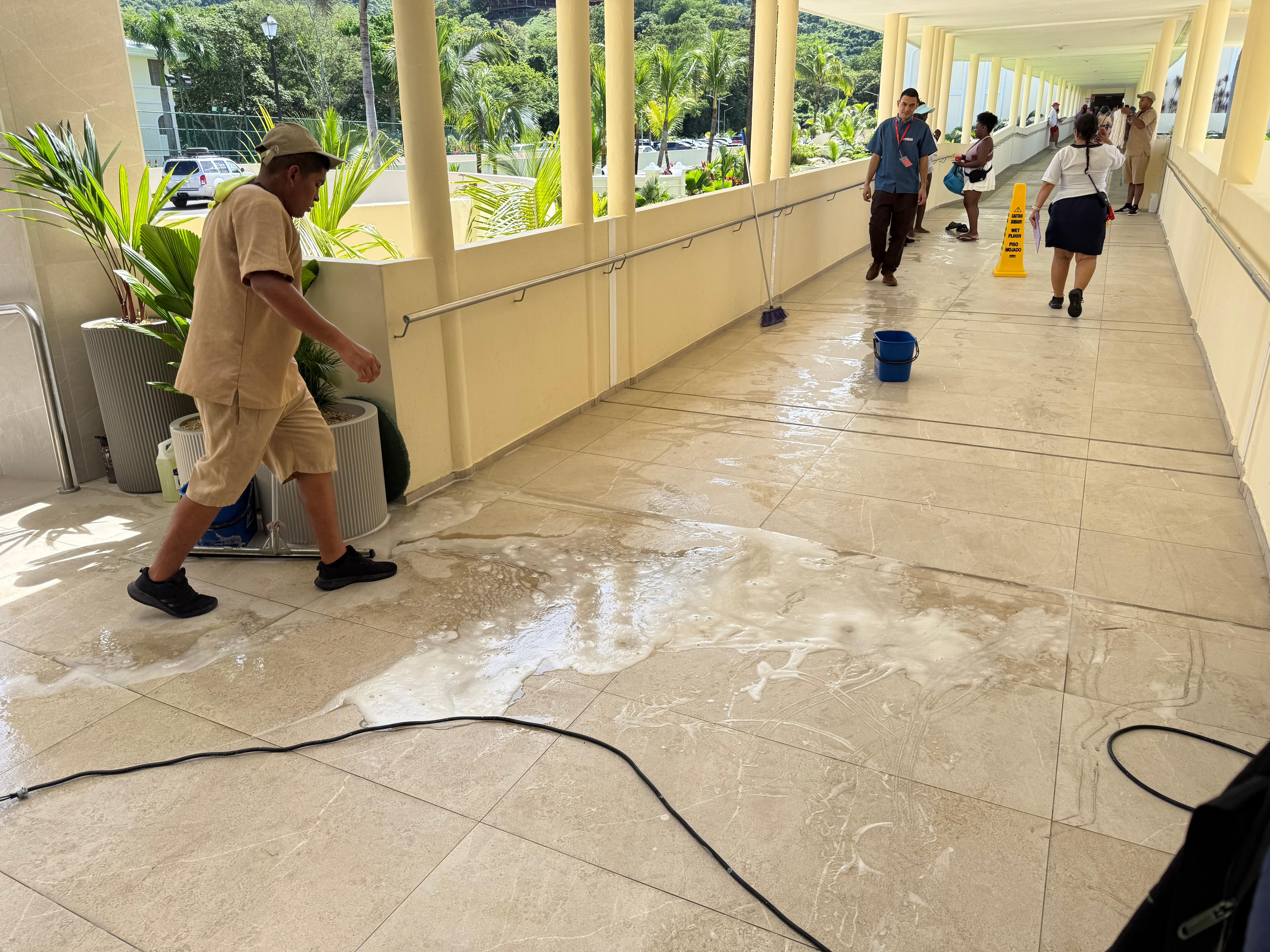 Cleaning/wet mopping while guest is walking. One lady had a terrible fall and they did nothing to help her up. 