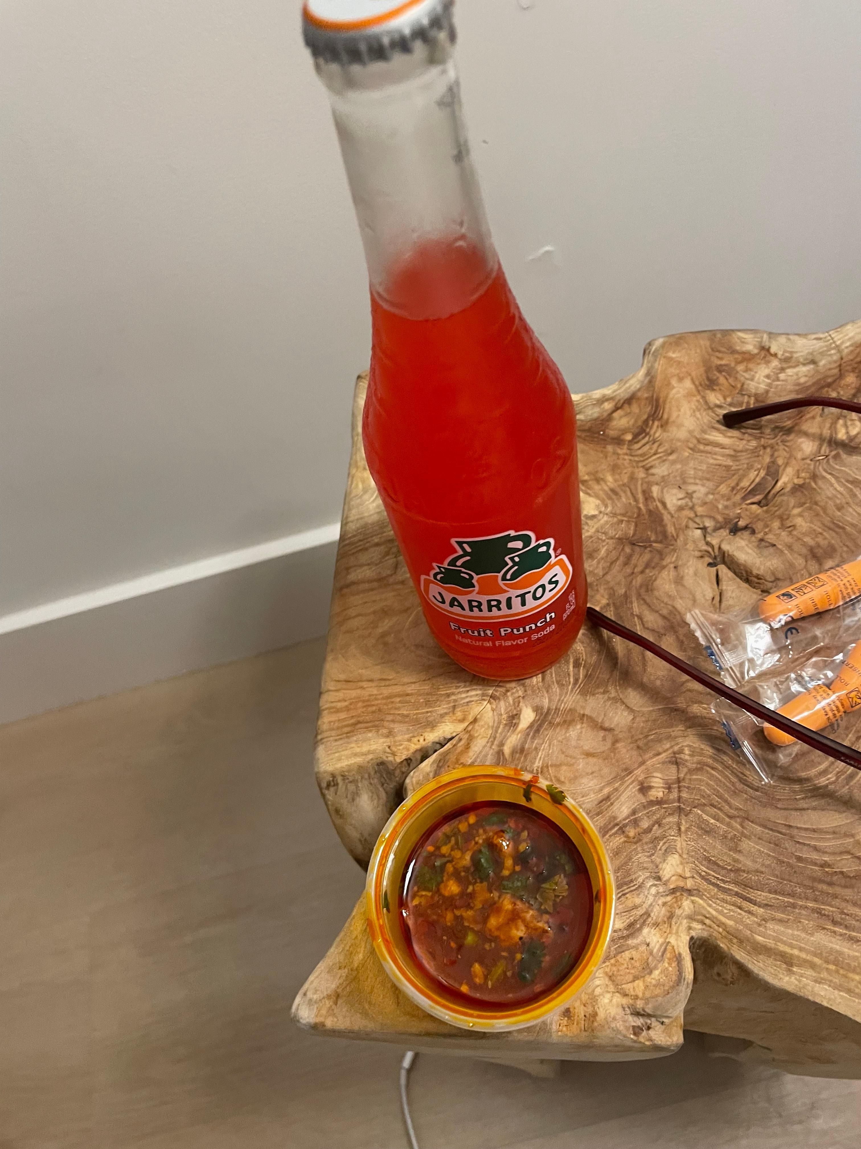 Fruit Punch Jarritos and sauce for the nachos.