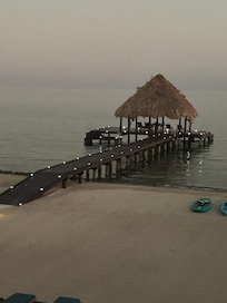 Beautiful dock lit up at dusk.