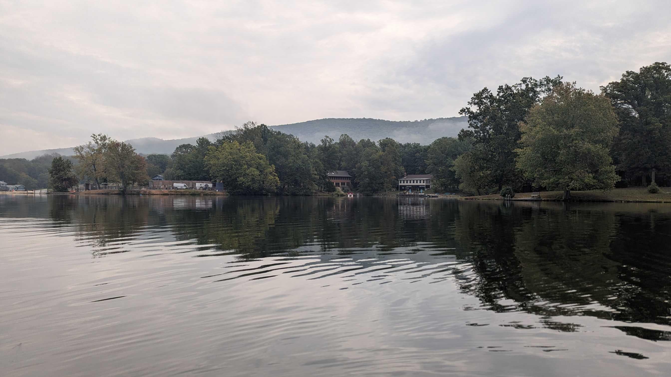 View of the lake from the stone pier/walkway by the lake 