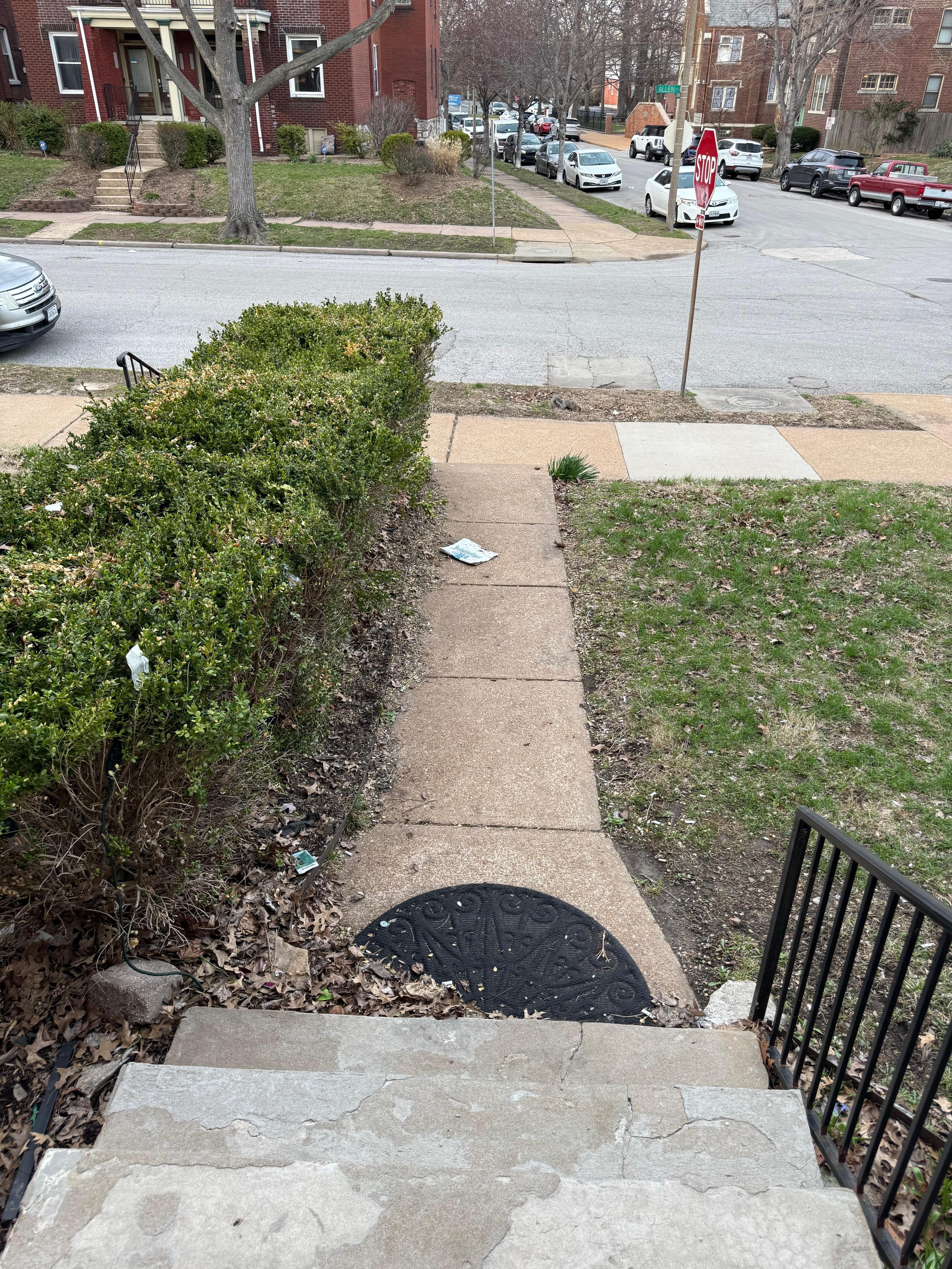 Lots of litter and cigarette butts in the front. Easy to clean up/would make it feel nicer.