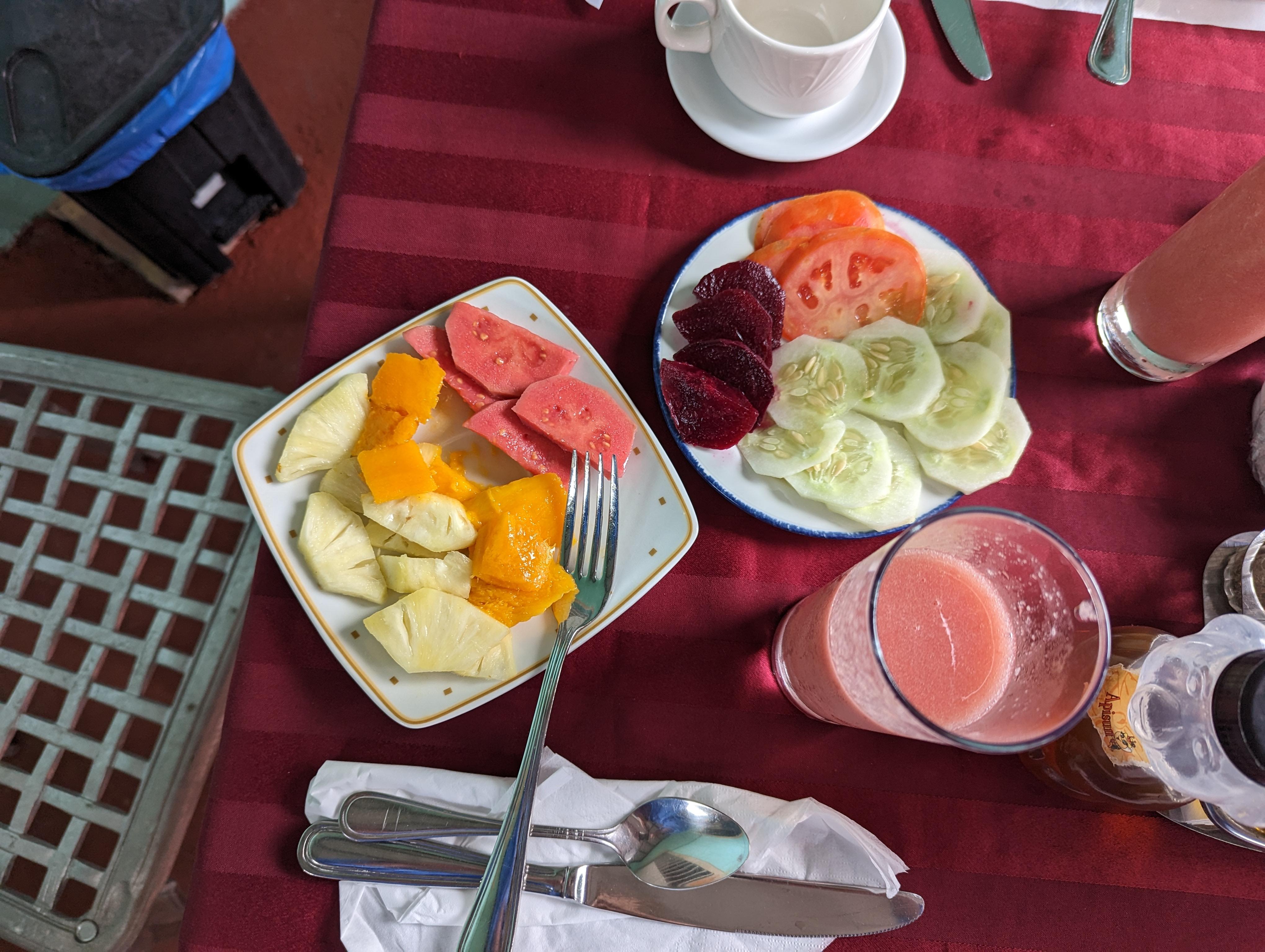 Breakfast salads and fresh juice.