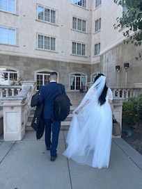 Did my sister’s we’d photos around the hotel and by the bay. It was perfect. Plus our venue was right by the hotel so we just walk.