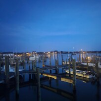 View of Ocracoke harbor and lighthouse from the Inn's swimming pool.