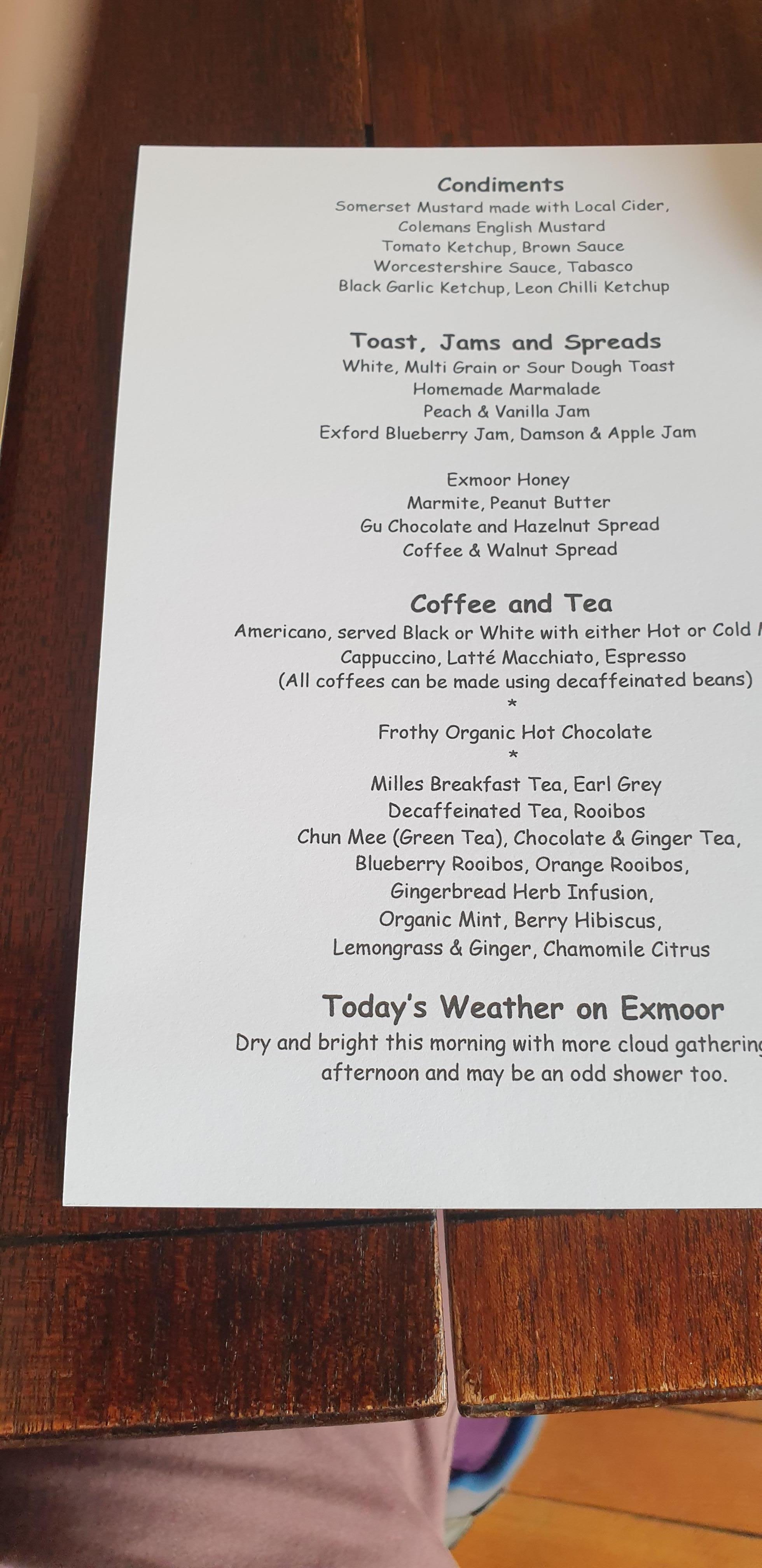 Sample of Breakfast Menu, some daily changes.