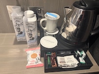 Instant coffee, water, and tea.