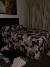 My dog sleeping on her own mattress on the floor between two beds.
