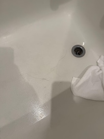 Hair and dirty wash cloth in tub