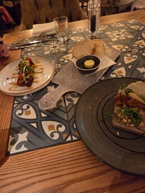 Starters at the restaurant- sticky BBQ pork belly and duck liver parfair