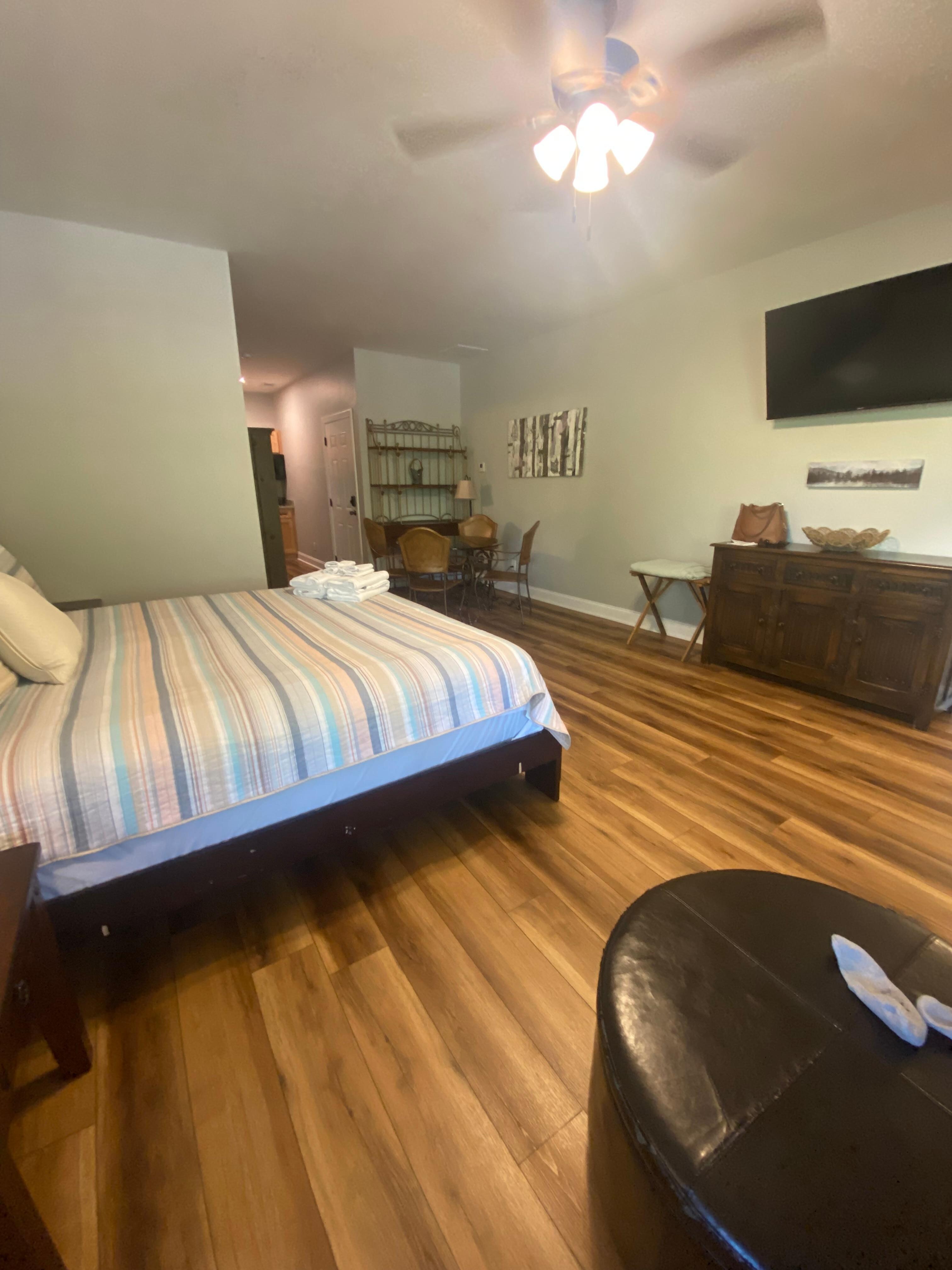 Open floor plan on the upper level. Photo taken from the balcony side of the room.