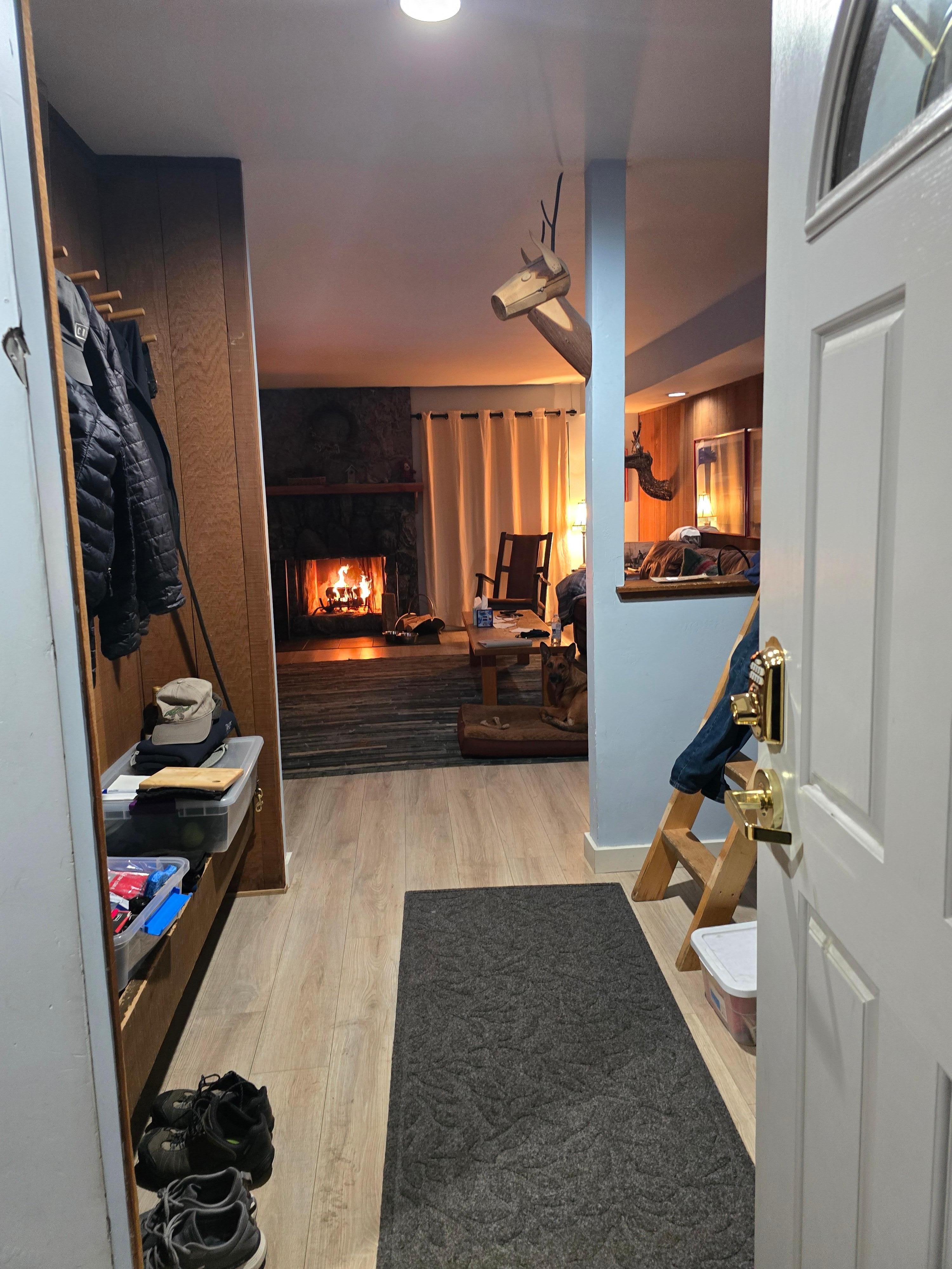 This is from the front door. Nice view to the fireplace.